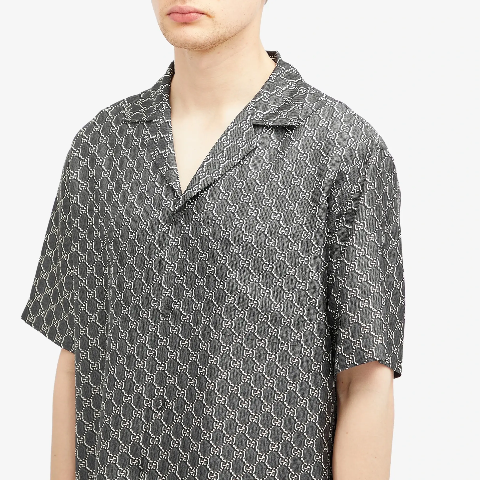 Gucci Men's Silk GG Monogram Vacation Shirt Grey