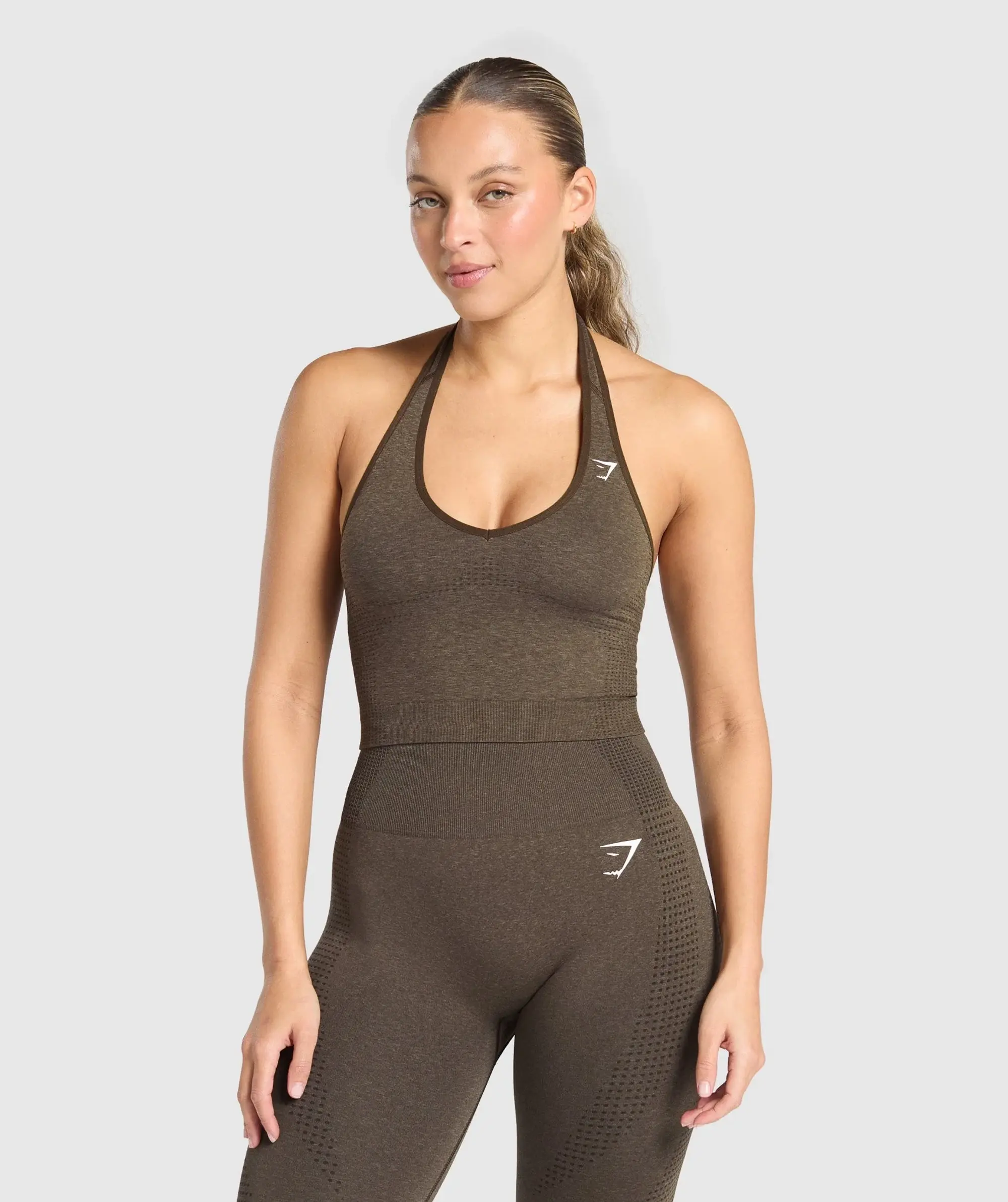  Vital Seamless Halter Neck Tank With Shelf - Penny Brown Marl