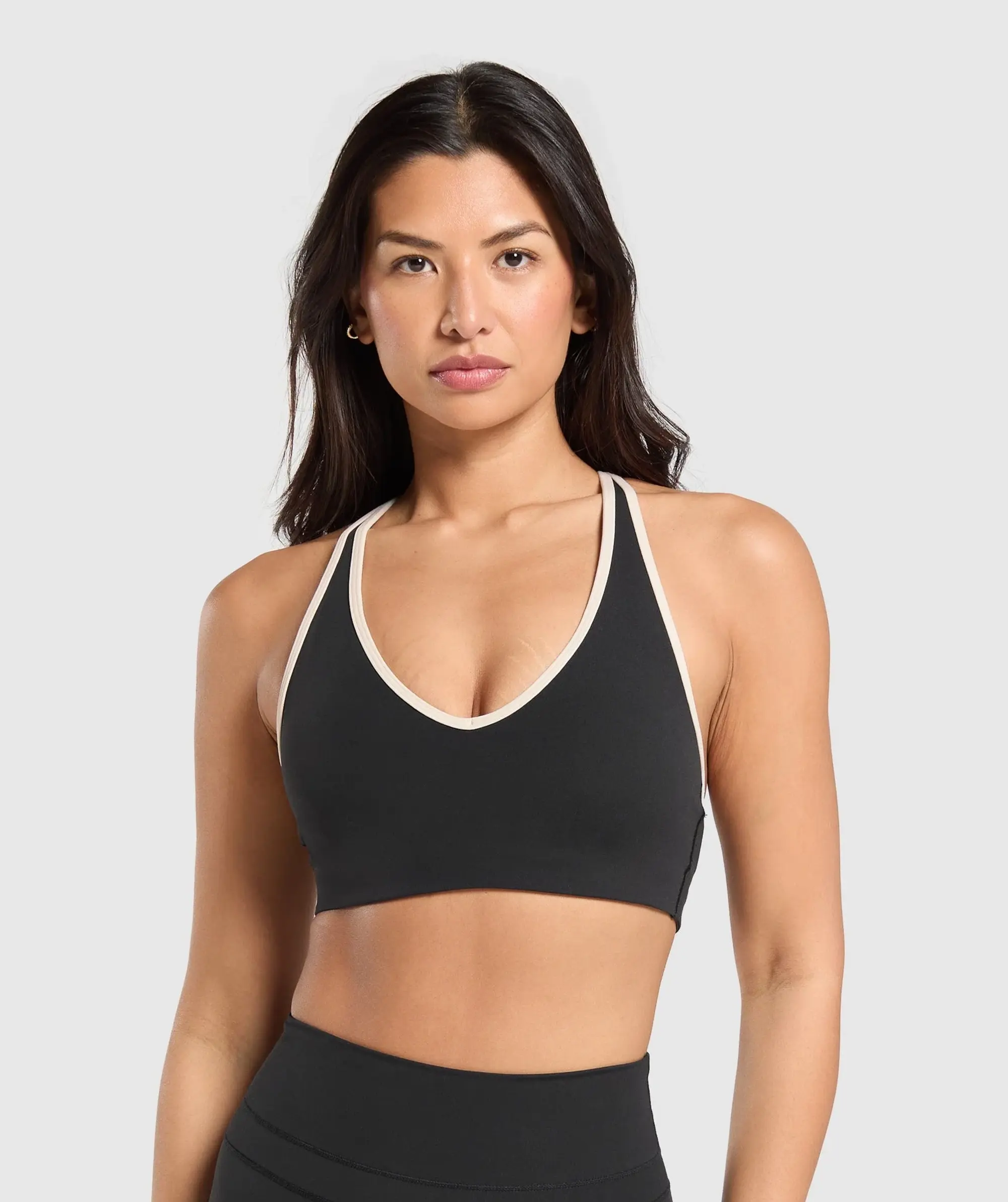  Contrast Trim Halter Neck Sports Bra - Black/Oat White