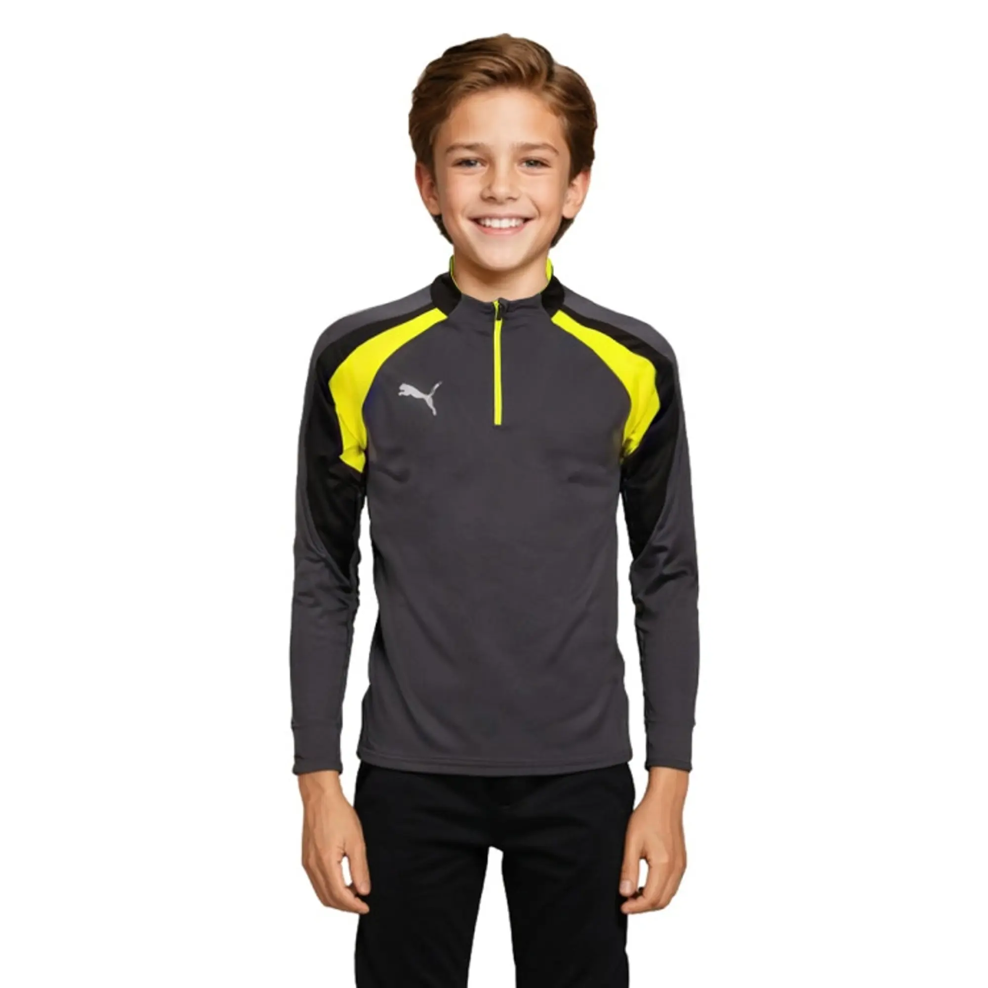PUMA Individualliga Quarter-Zip Top Shirt Youth, Galactic Grey/Yellow Alert, size 11-12 Youth
