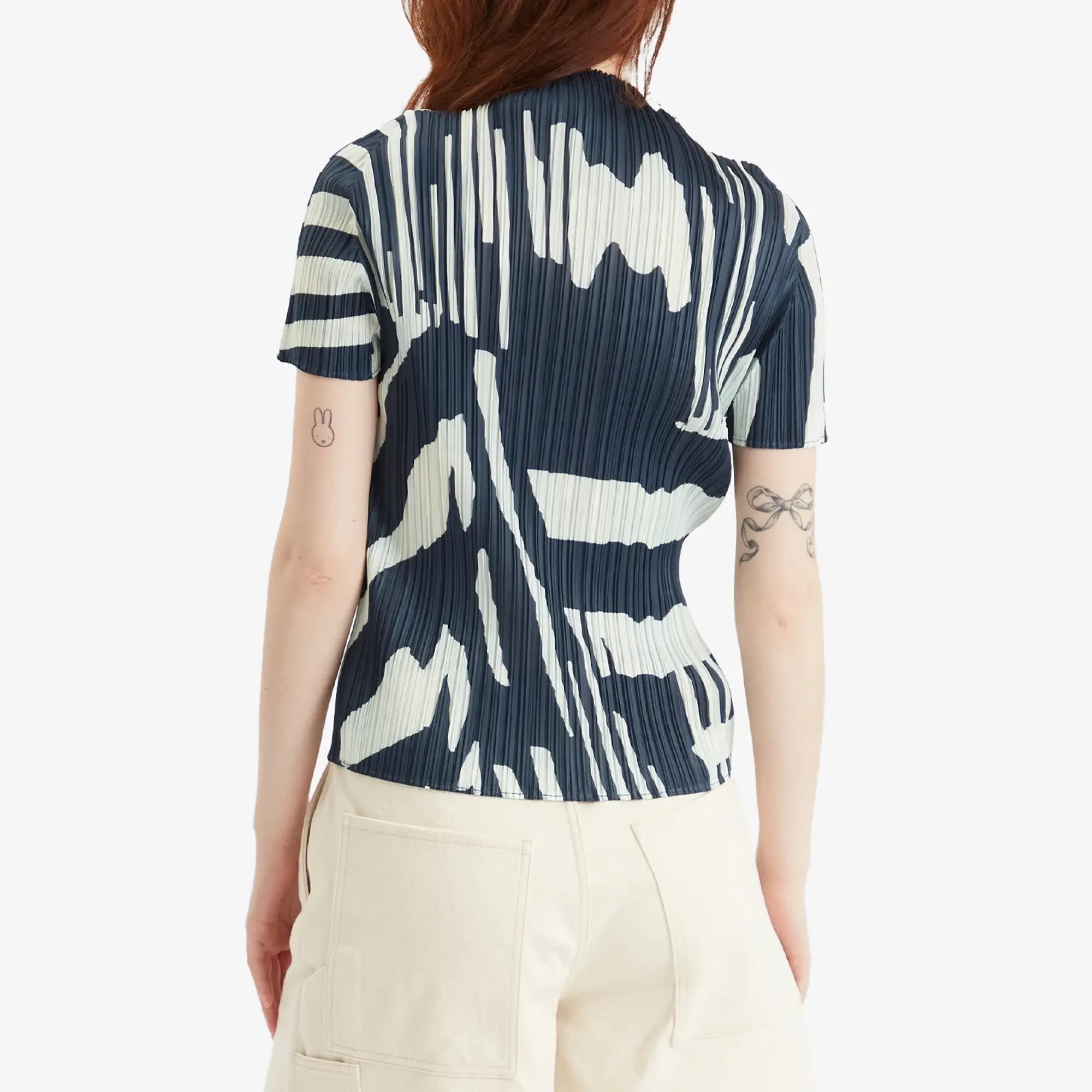 Pleats Please Issey Miyake Women's Refraction Print Pleated Top Grayish Navy