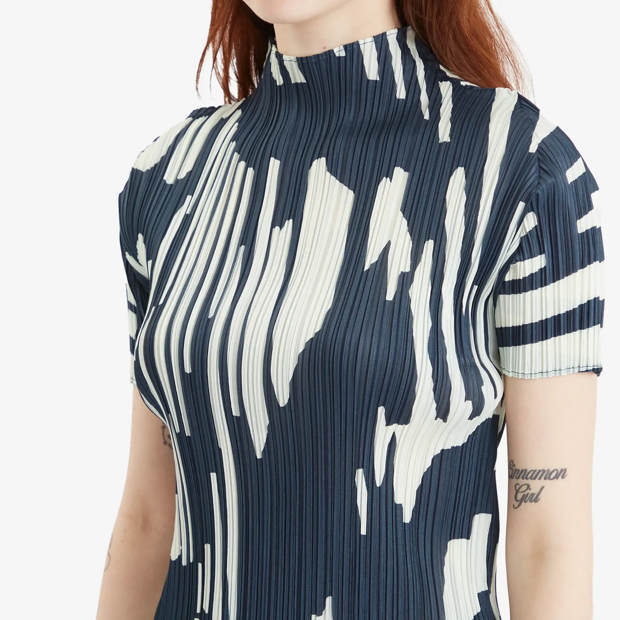 Pleats Please Issey Miyake Women's Refraction Print Pleated Top Grayish Navy