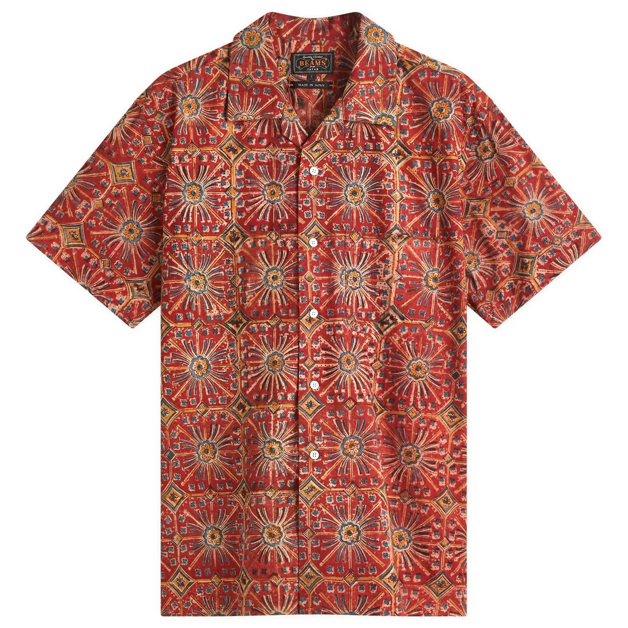 Beams Plus Men's Open Collar Block Print Flower Shirt Red