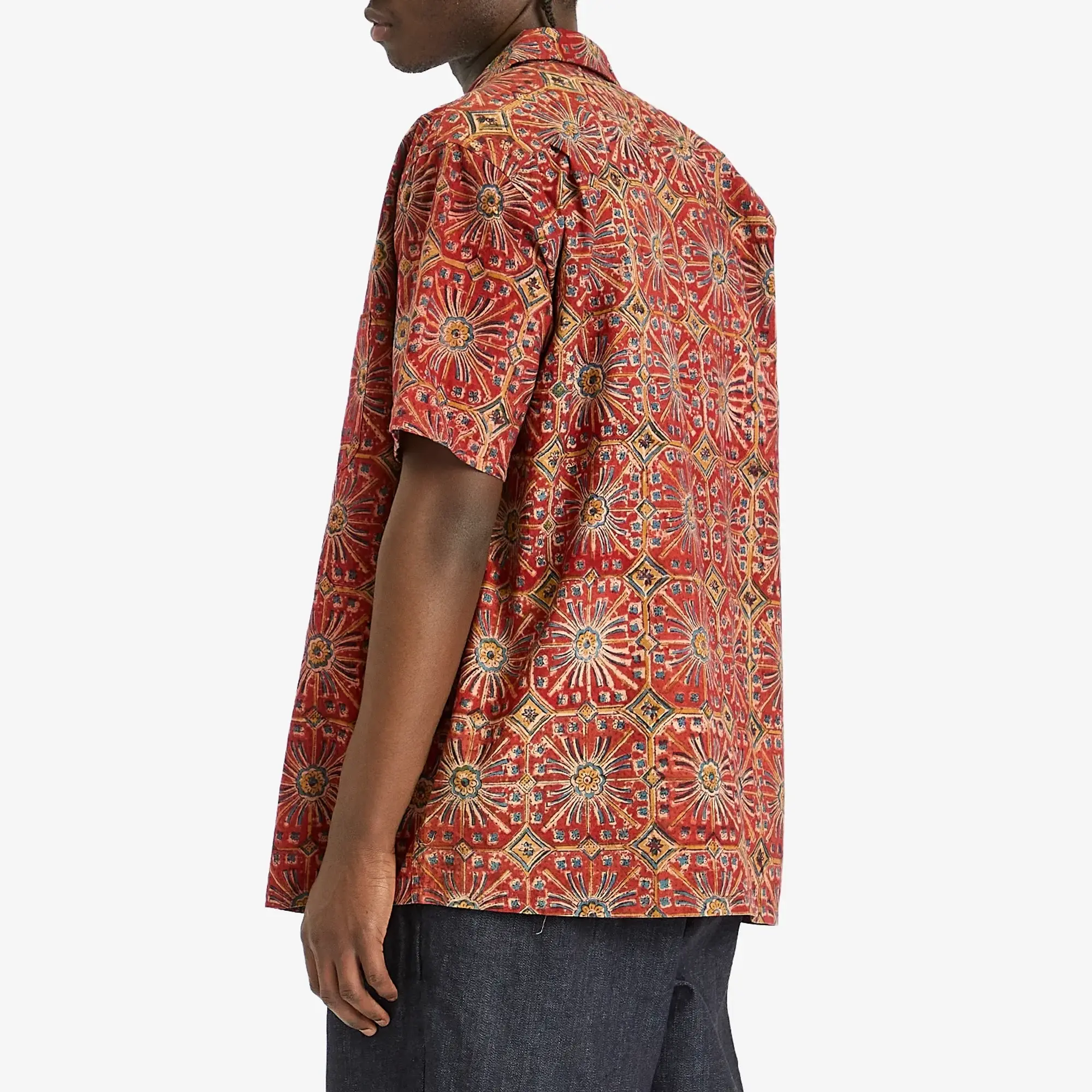 Beams Plus Men's Open Collar Block Print Flower Shirt Red