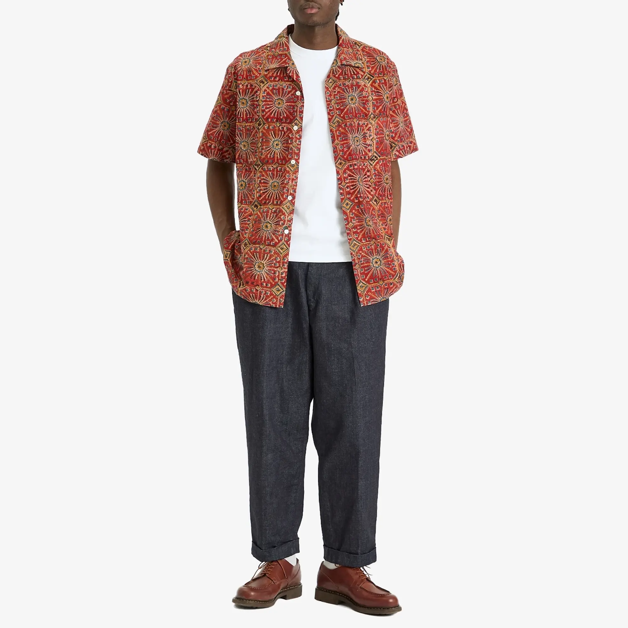 Beams Plus Men's Open Collar Block Print Flower Shirt Red