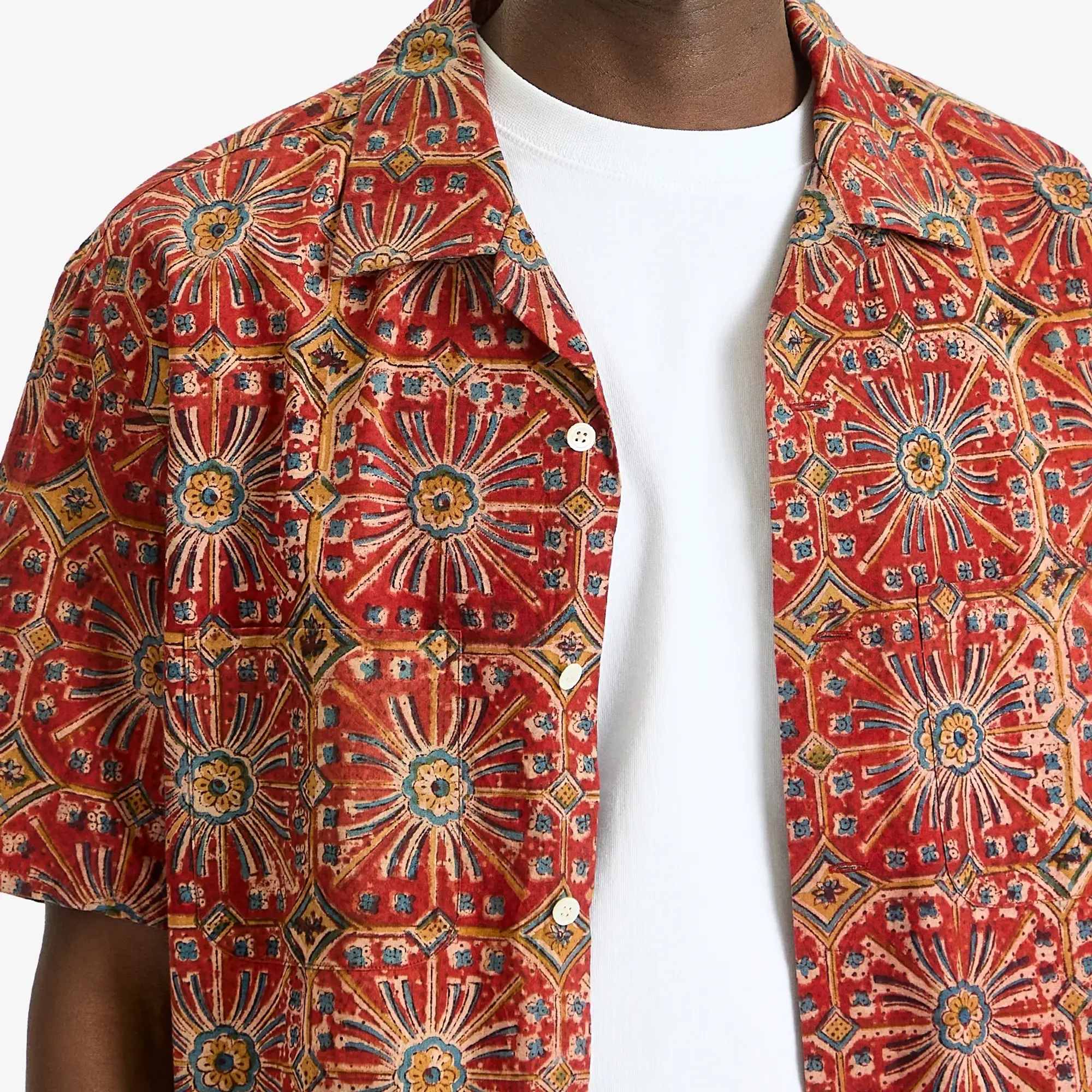 Beams Plus Men's Open Collar Block Print Flower Shirt Red