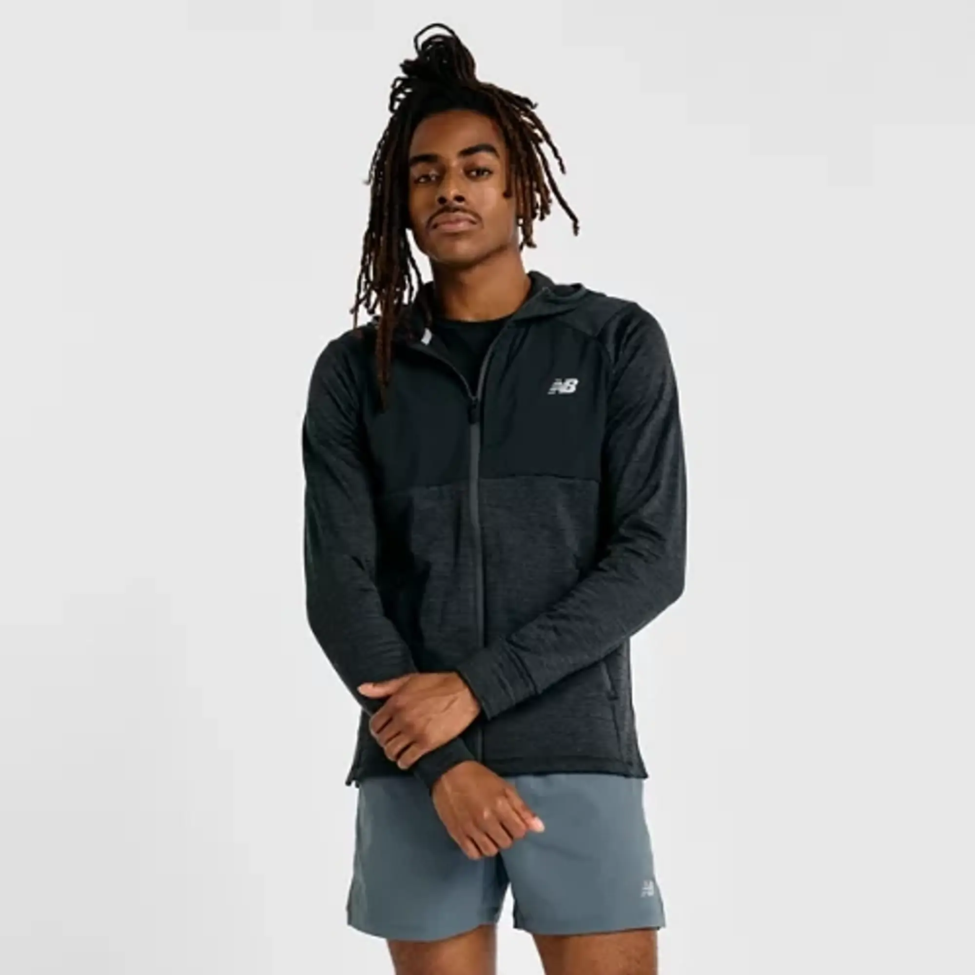 New Balance Men's Heat Grid Hooded Full Zip in Black Poly Knit