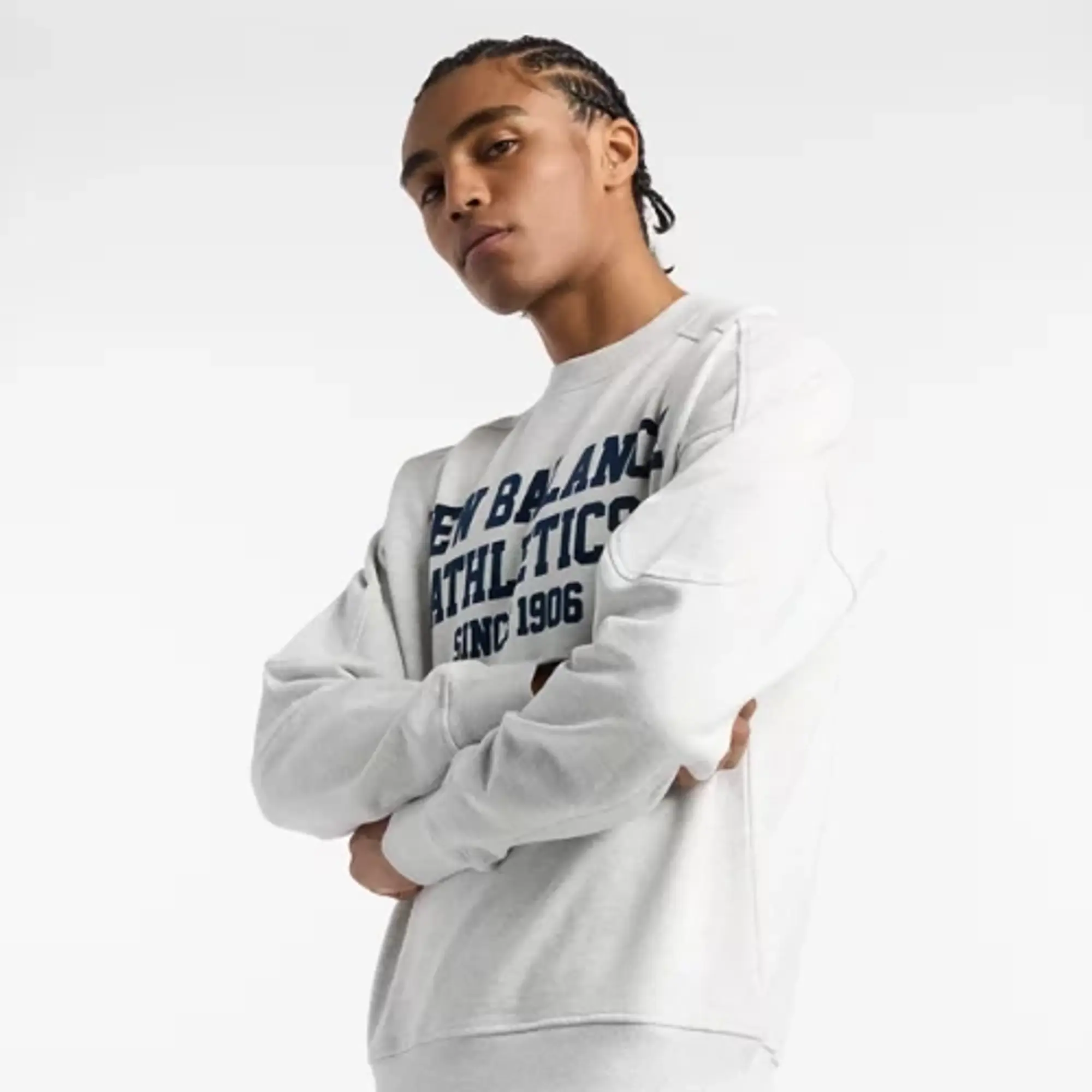New Balance Men's Varsity French Terry Graphic Crew in Grey Cotton