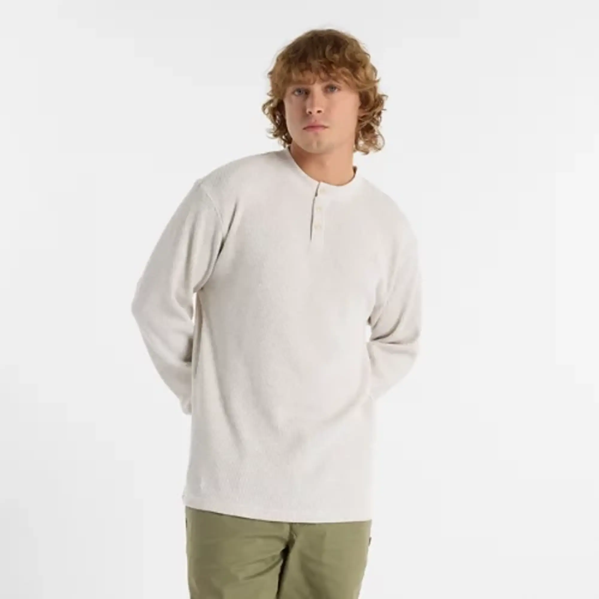 New Balance Men's Numeric Waffle Knit Long Sleeve Henley in Beige Cotton
