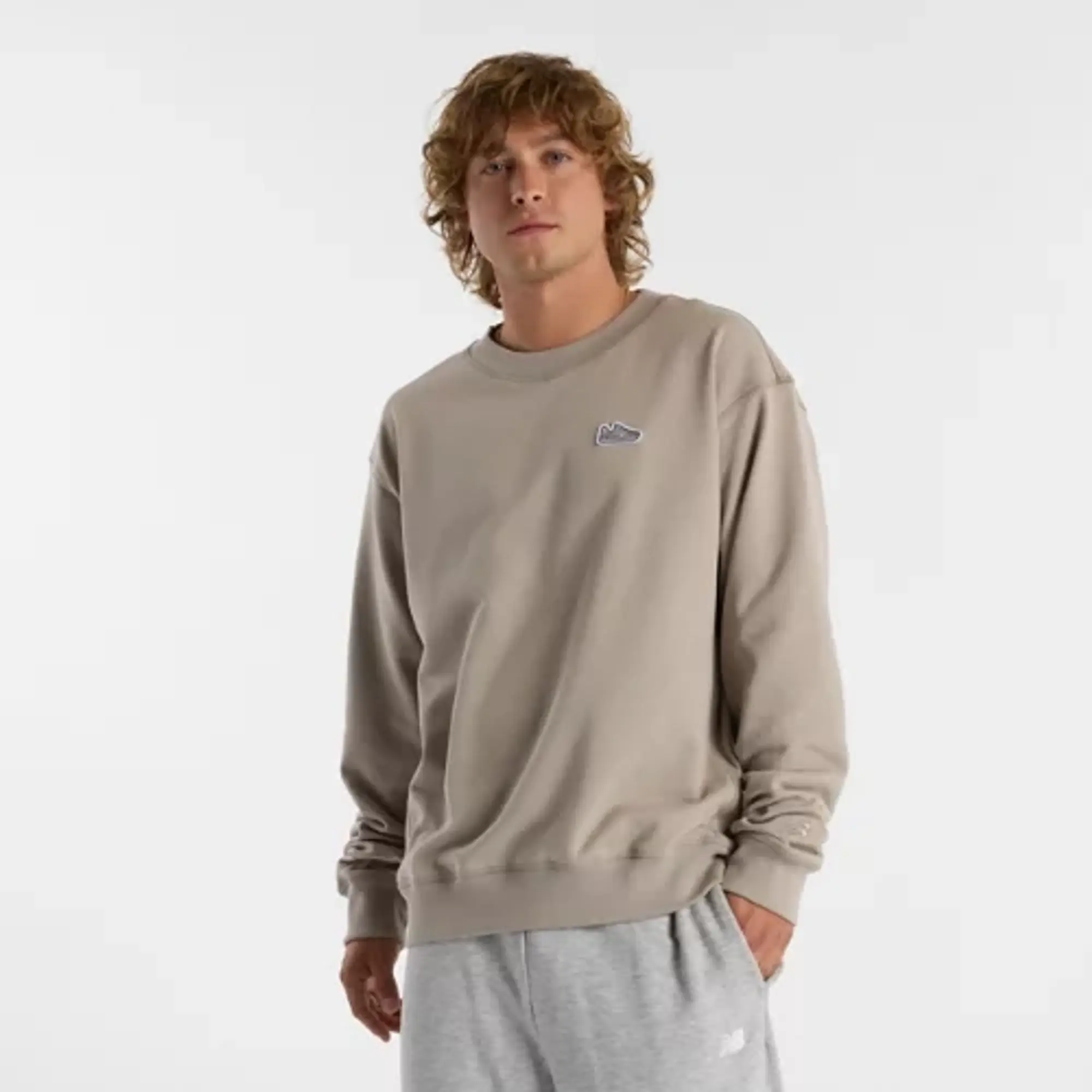 New Balance Men's Athletics 574 Patch Crew in Beige Cotton Fleece