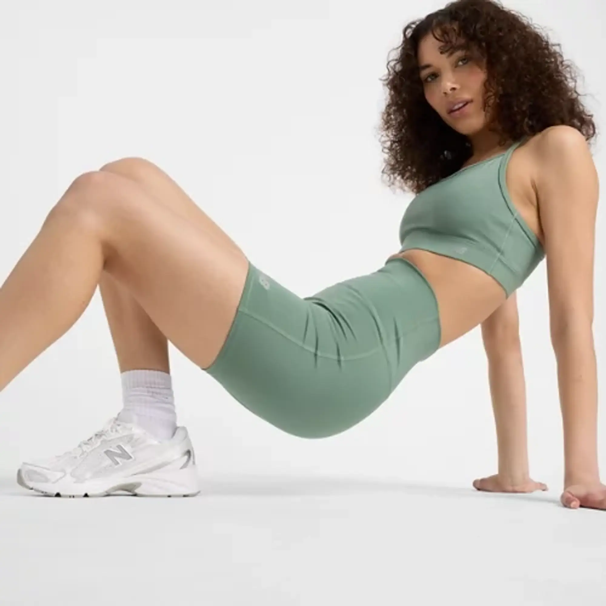 New Balance Women's Script High Rise Short in Green Polywoven
