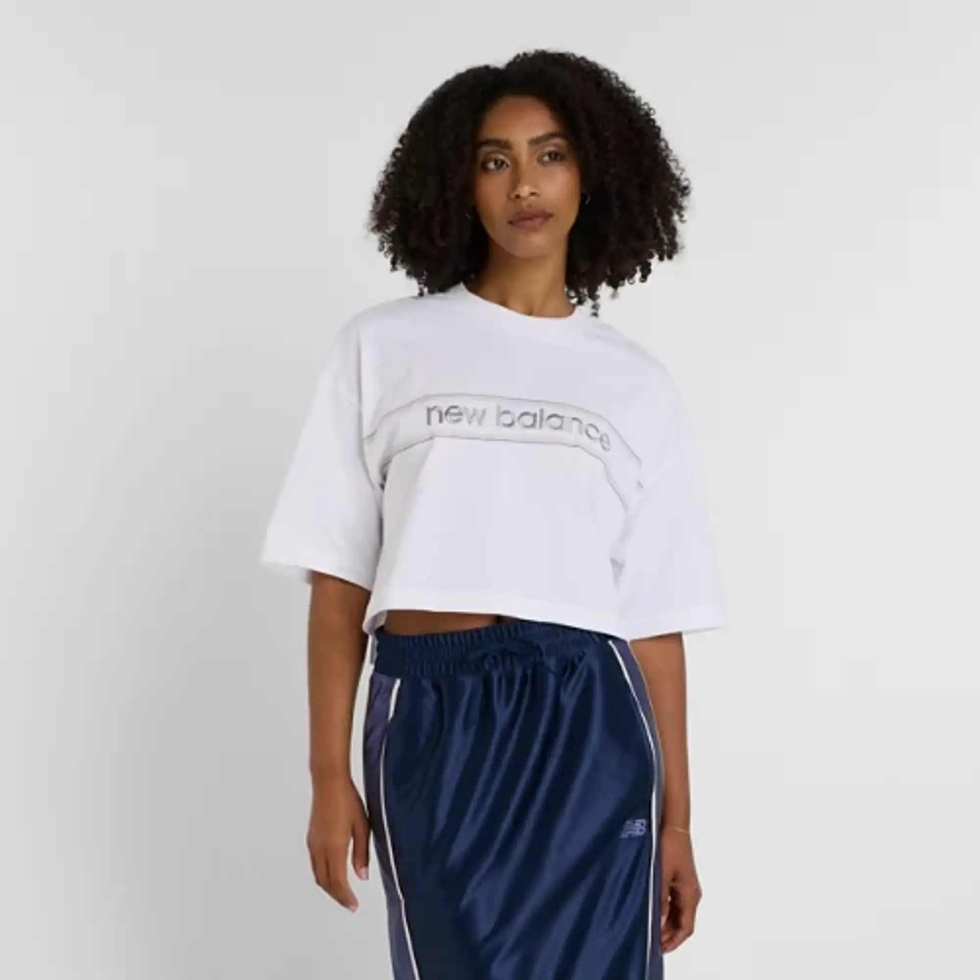 New Balance Women's Athletics Linear Logo T-Shirt in White Cotton