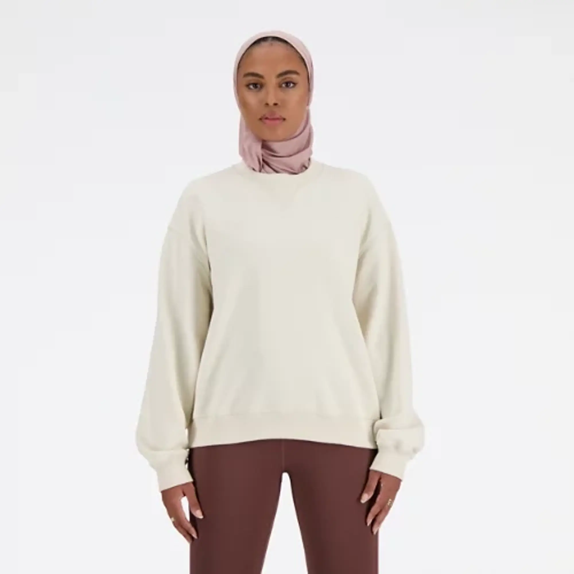 New Balance Women's Athletics French Terry Crew in Beige Cotton Fleece