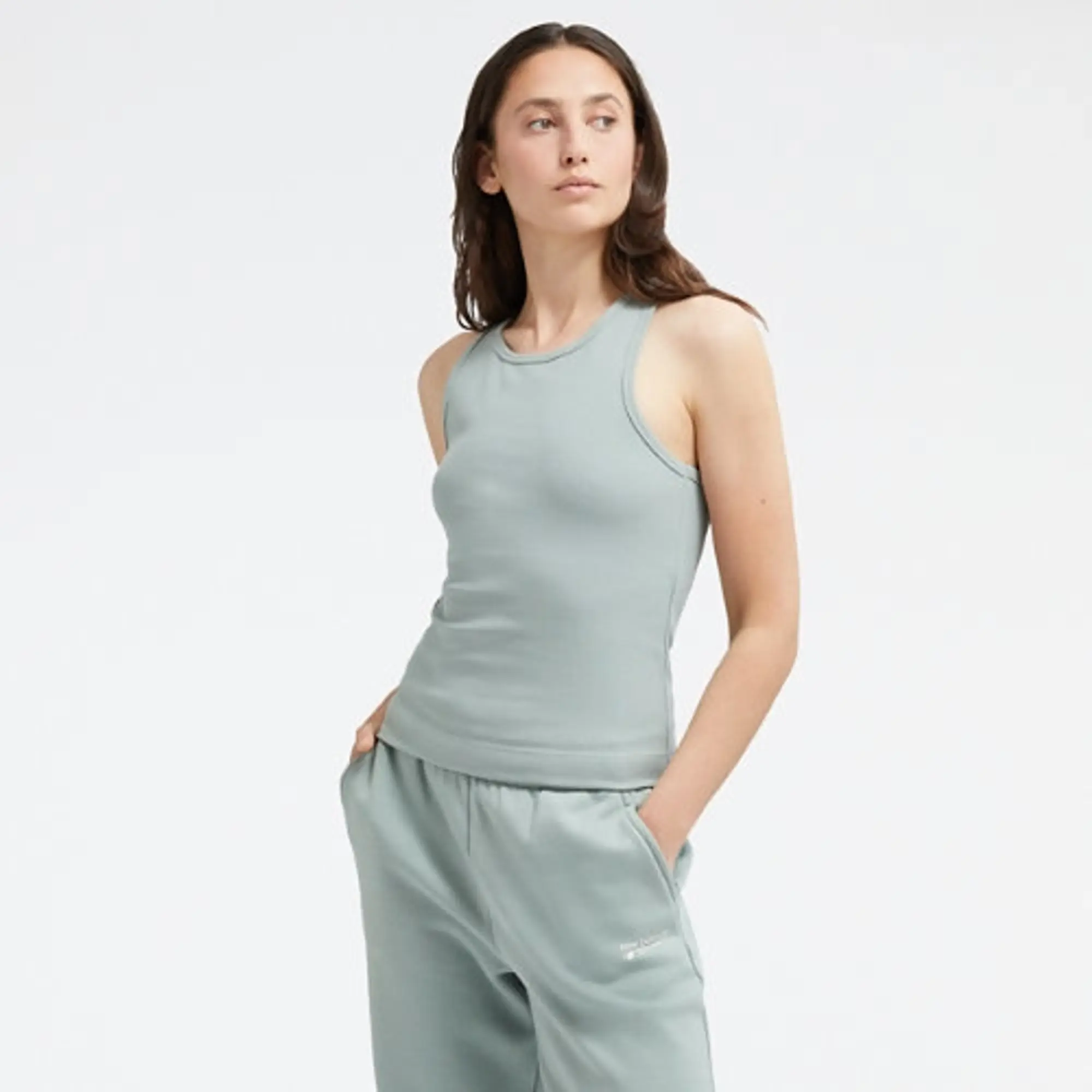 New Balance Women's Linear Heritage Rib Knit Racer Tank in Green Poly Knit