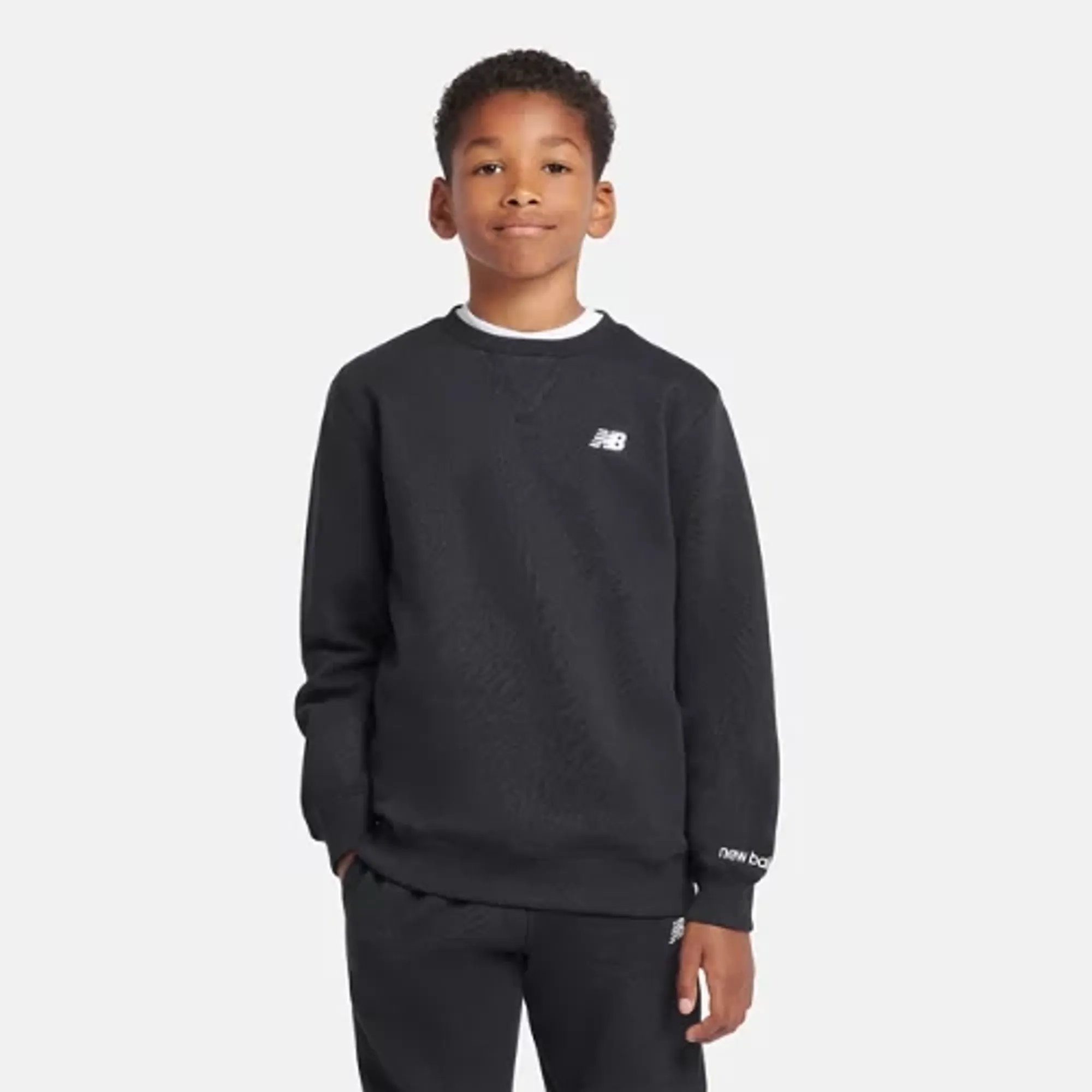 New Balance Boys Brush Back Small Logo Crew in Black Cotton Fleece