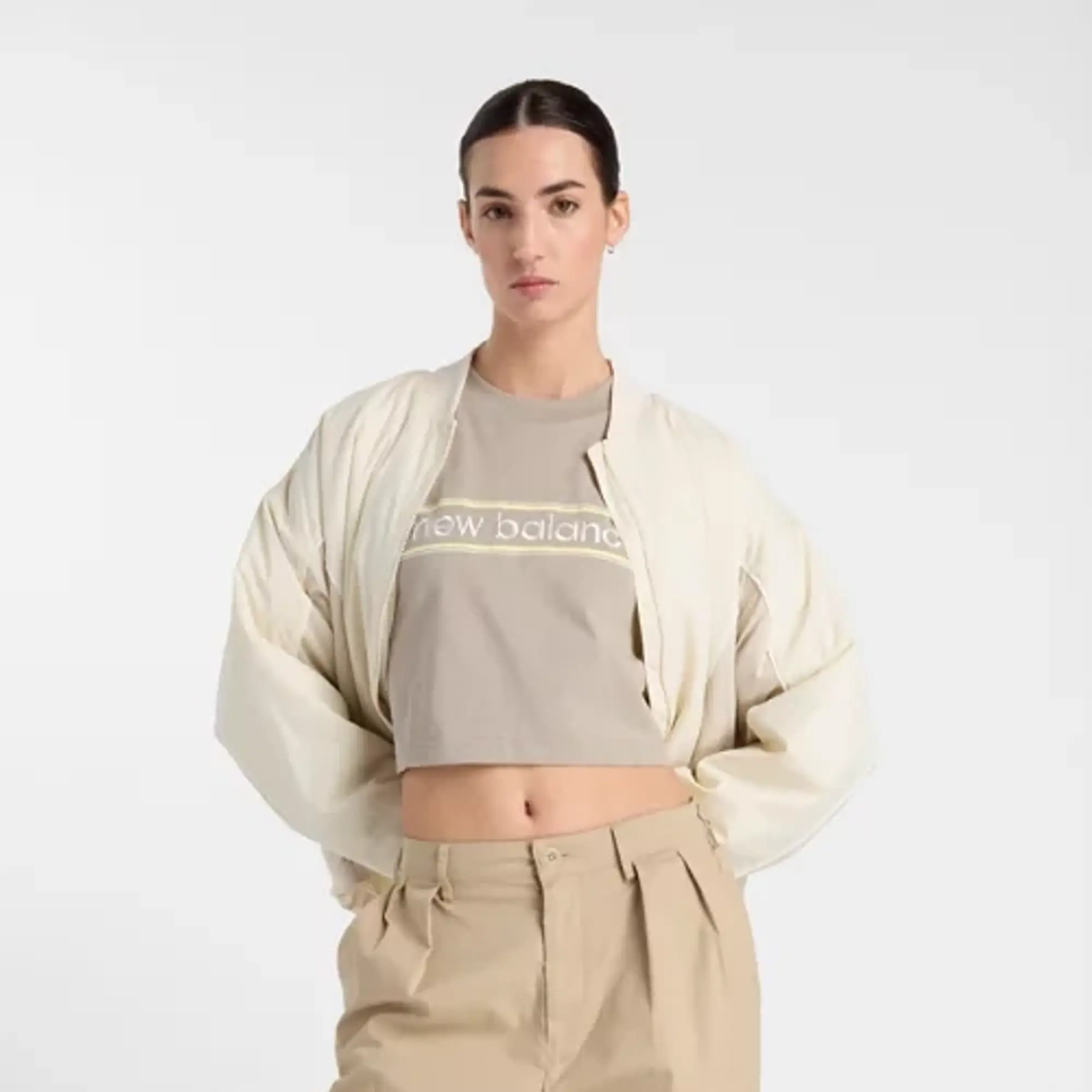 New Balance Women's Athletics Linear Logo T-Shirt in Beige Cotton