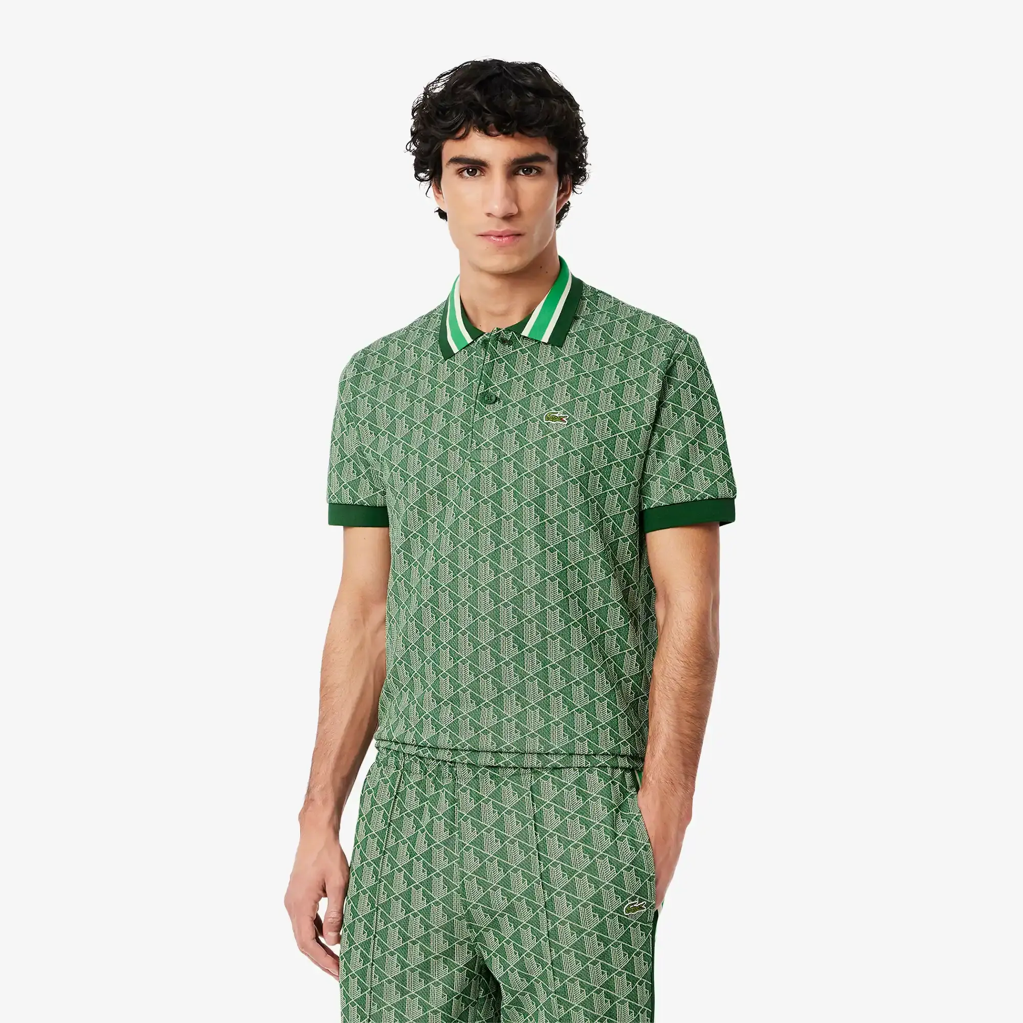 Lacoste Classic Fit Monogram Jacquard Polo Shirt - Green / Beige