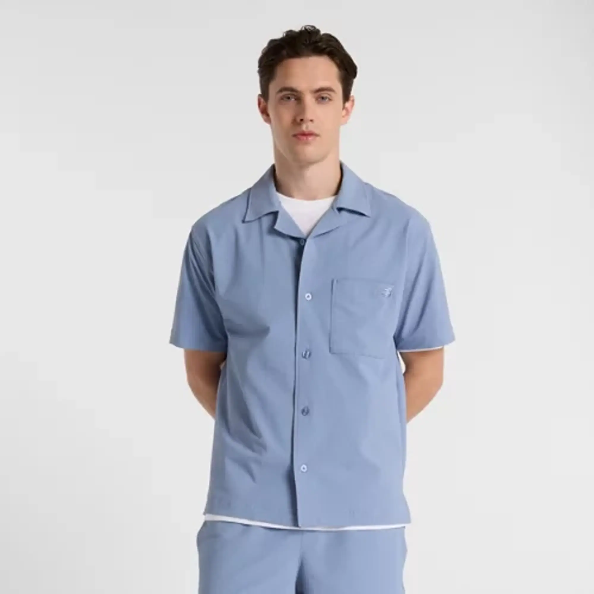 New Balance Men's Seersucker Button Up Short Sleeve in Blue Polywoven