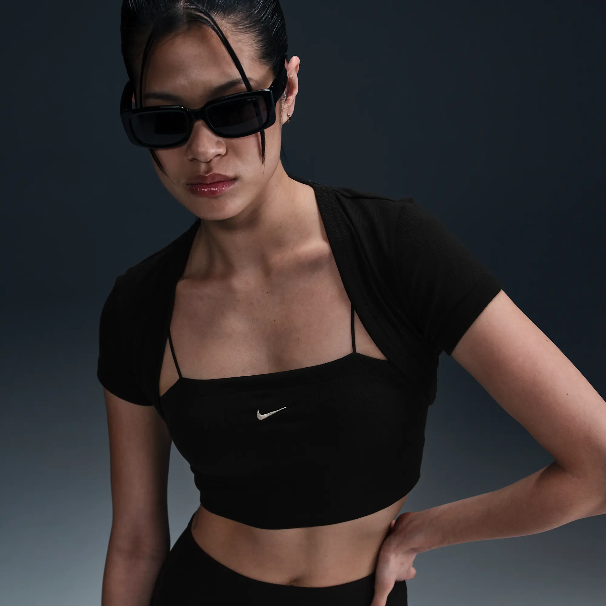 Nike Sportswear Chill Knit Women's Tight Cropped Mini-Rib 2-in-1 Top - Black - Polyester/Lyocell/Spandex