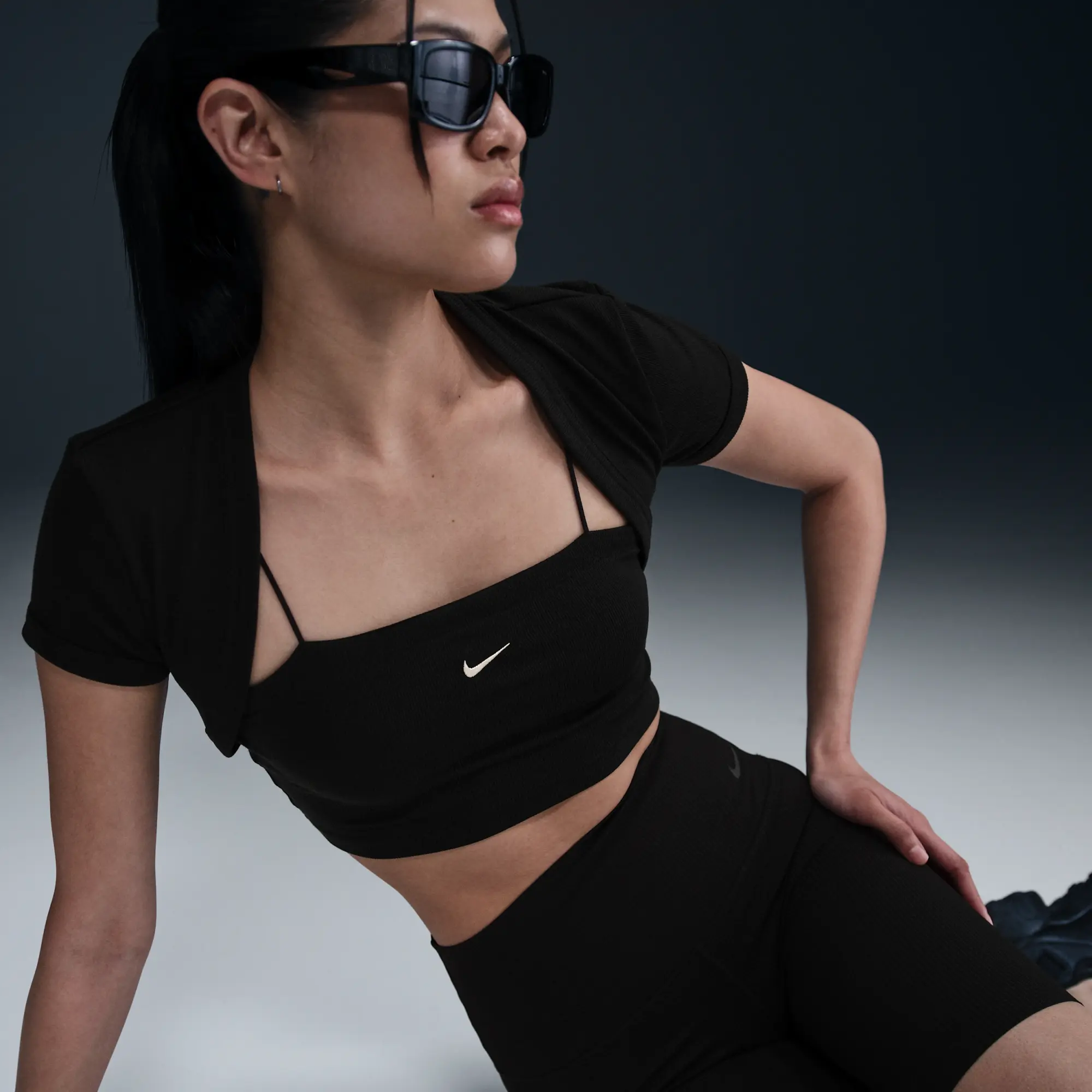 Nike Sportswear Chill Knit Women's Tight Cropped Mini-Rib 2-in-1 Top - Black - Polyester/Lyocell/Spandex