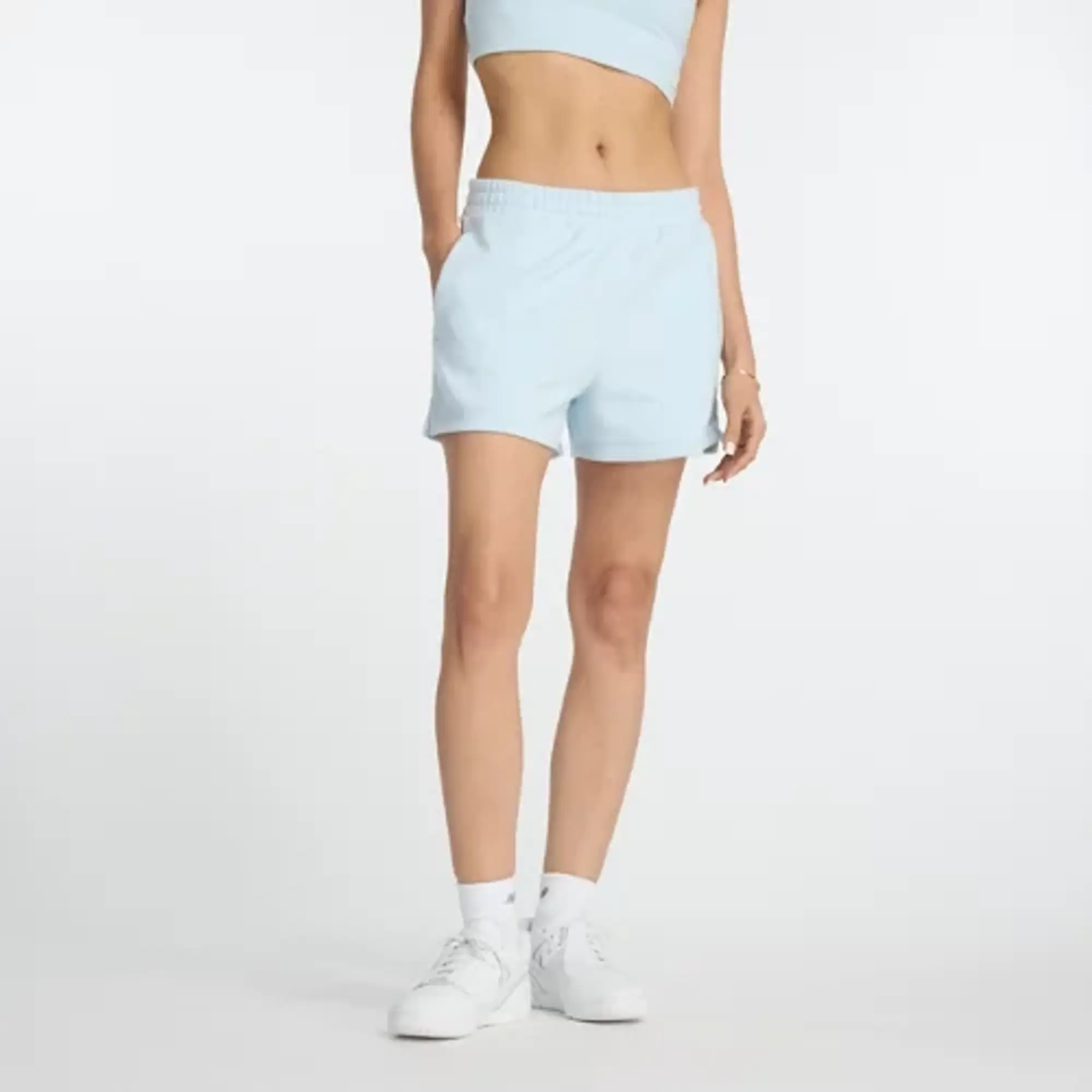 New Balance Women's Linear Heritage French Terry Short in Blue Cotton Fleece