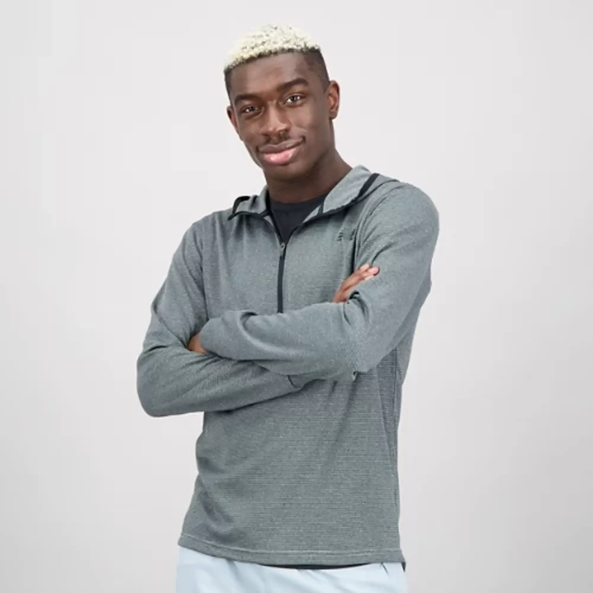 New Balance Men's Tenacity Hooded 1/4 Zip in Grey Poly Knit
