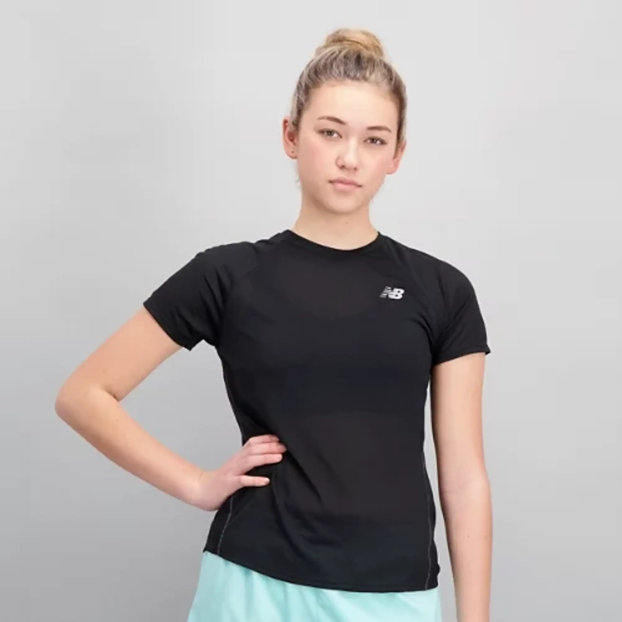 New Balance Women's Impact Run Short Sleeve in Black Poly Knit