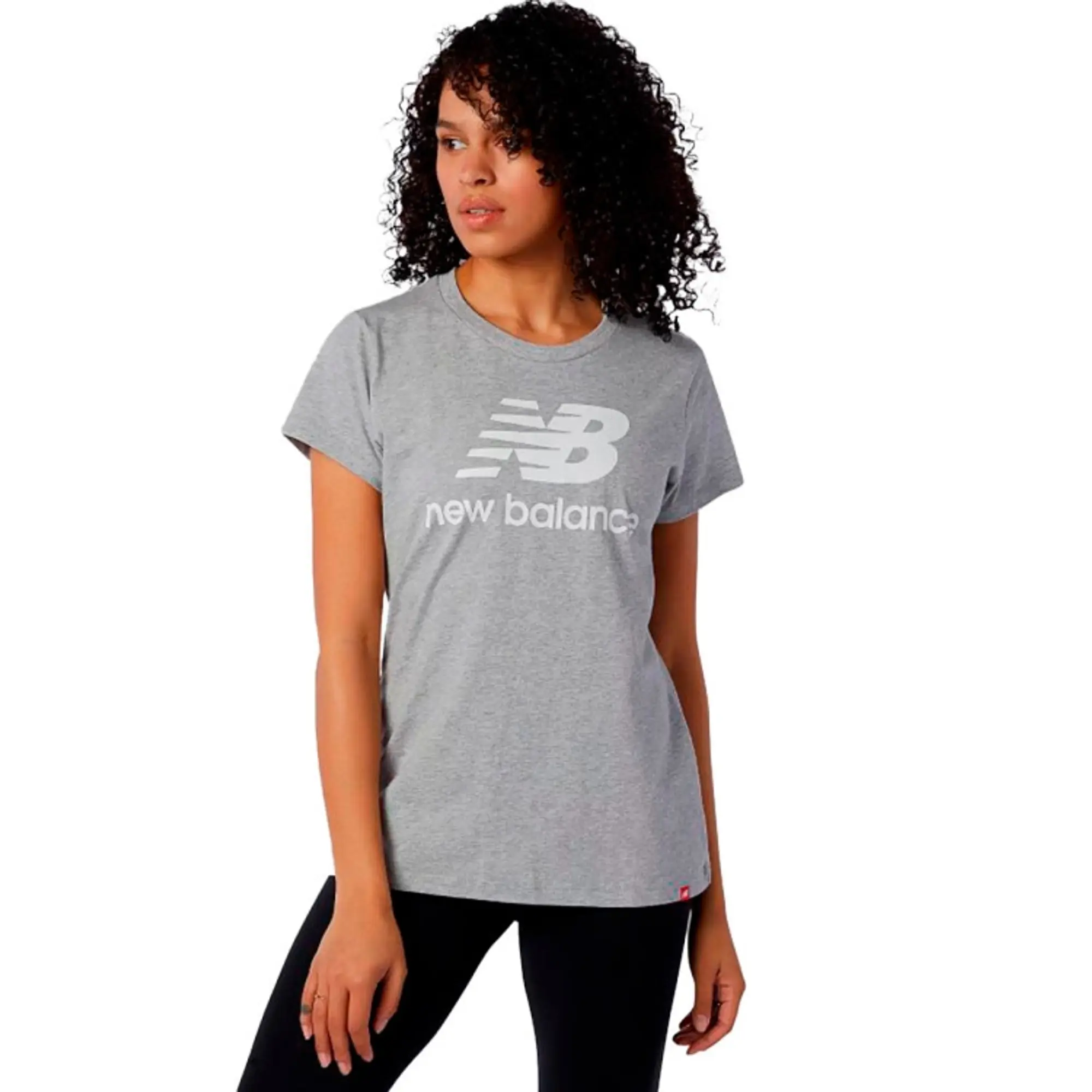 New Balance Women's Essentials Stacked Logo T-Shirt in Grey Cotton