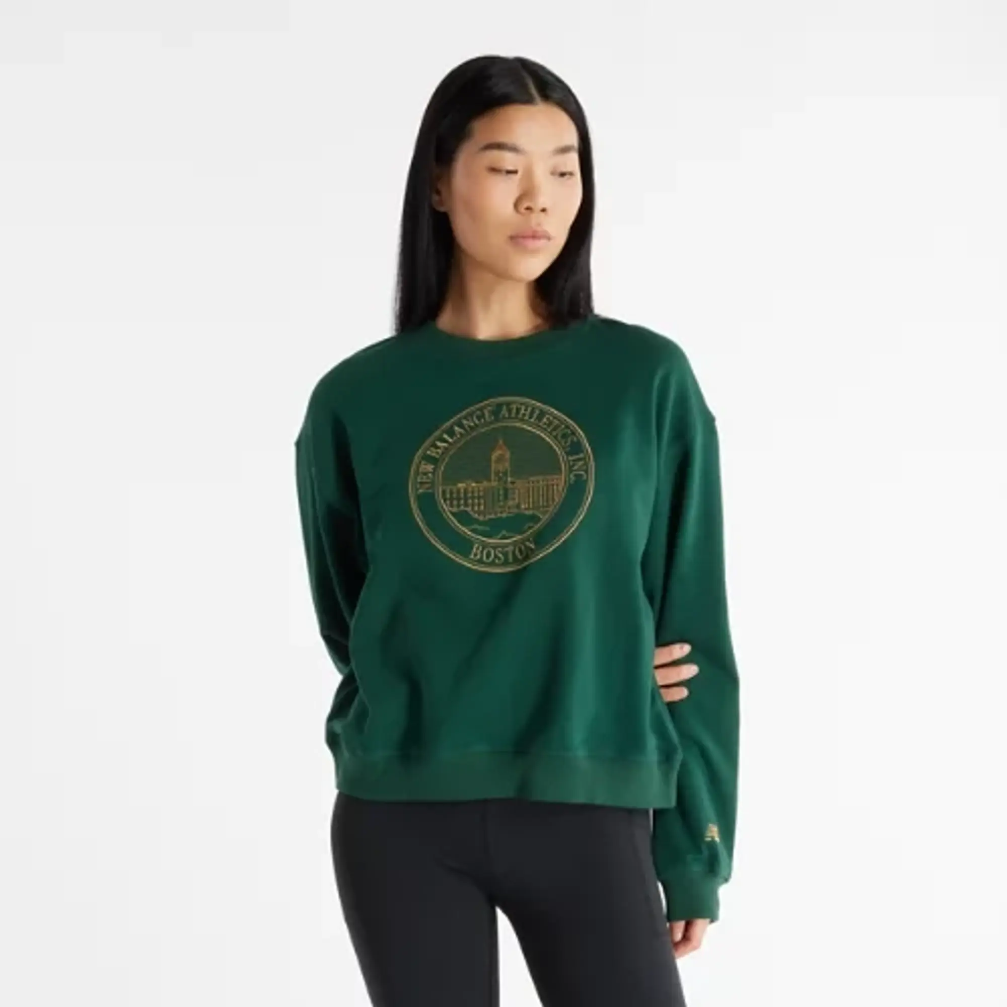New Balance Women's Athletics French Terry Crest Crew in Green Cotton