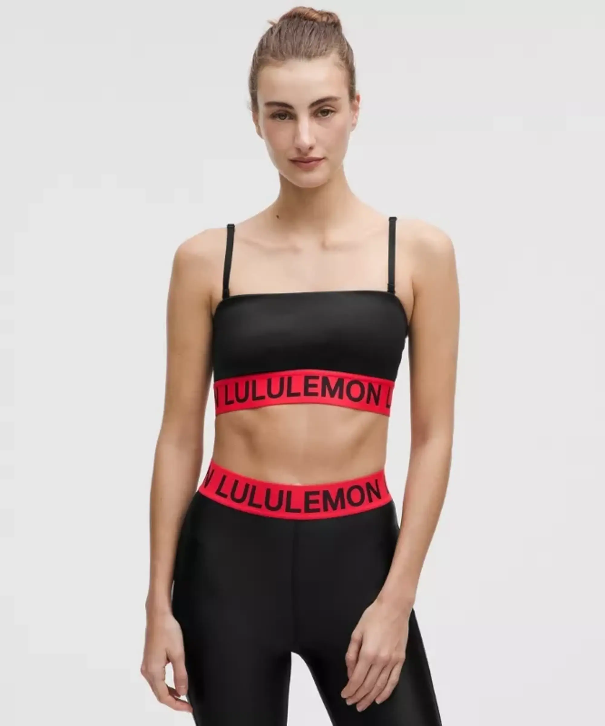 lululemon – Women's Satin Shine Logo Train Sports Bra Light Support, A/B Cup – Color Black/Red – Size L