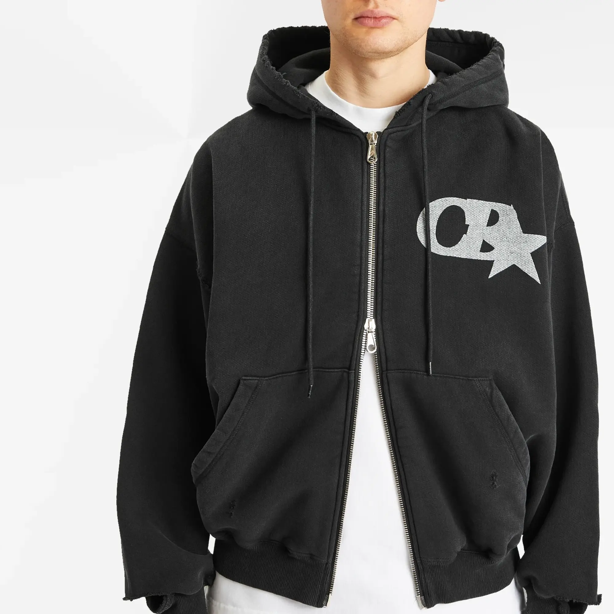 Cole Buxton Men's CB Star Distressed Pocket Zipped Hoodie Vintage Black