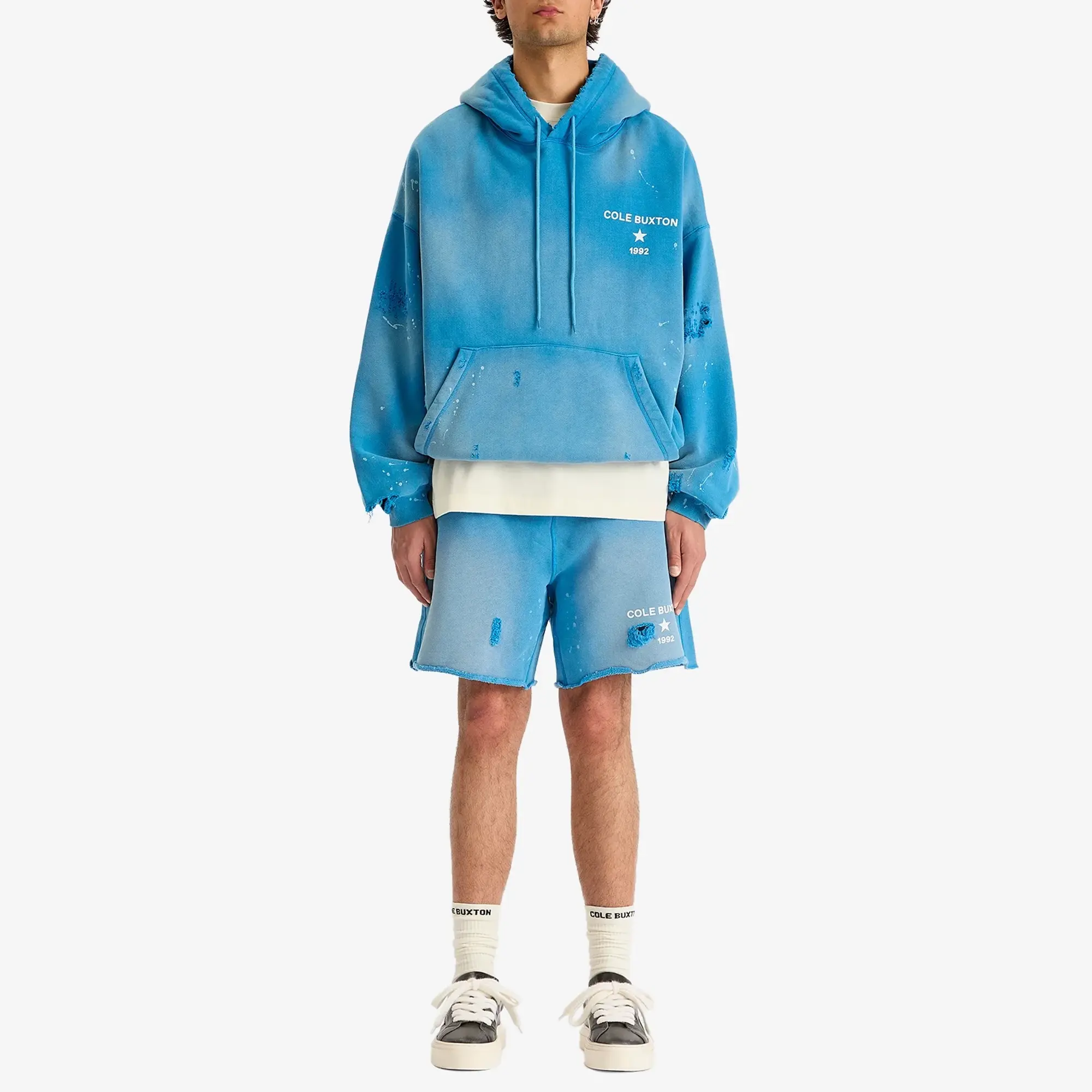 Cole Buxton Men's 1992 Distressed Shorts Washed Blue