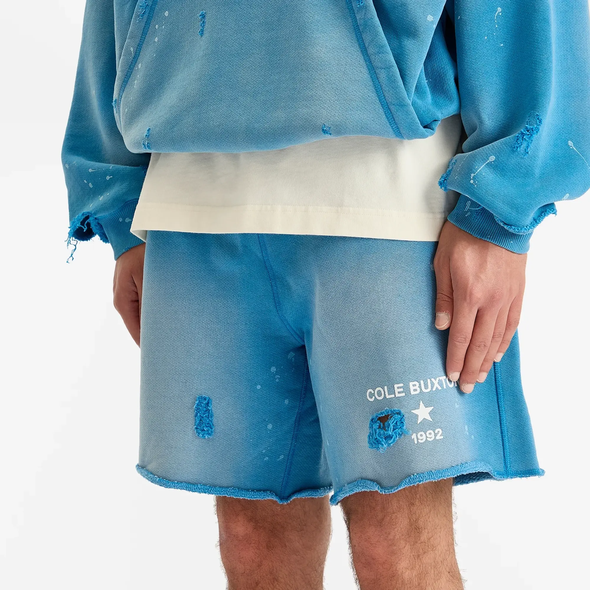 Cole Buxton Men's 1992 Distressed Shorts Washed Blue