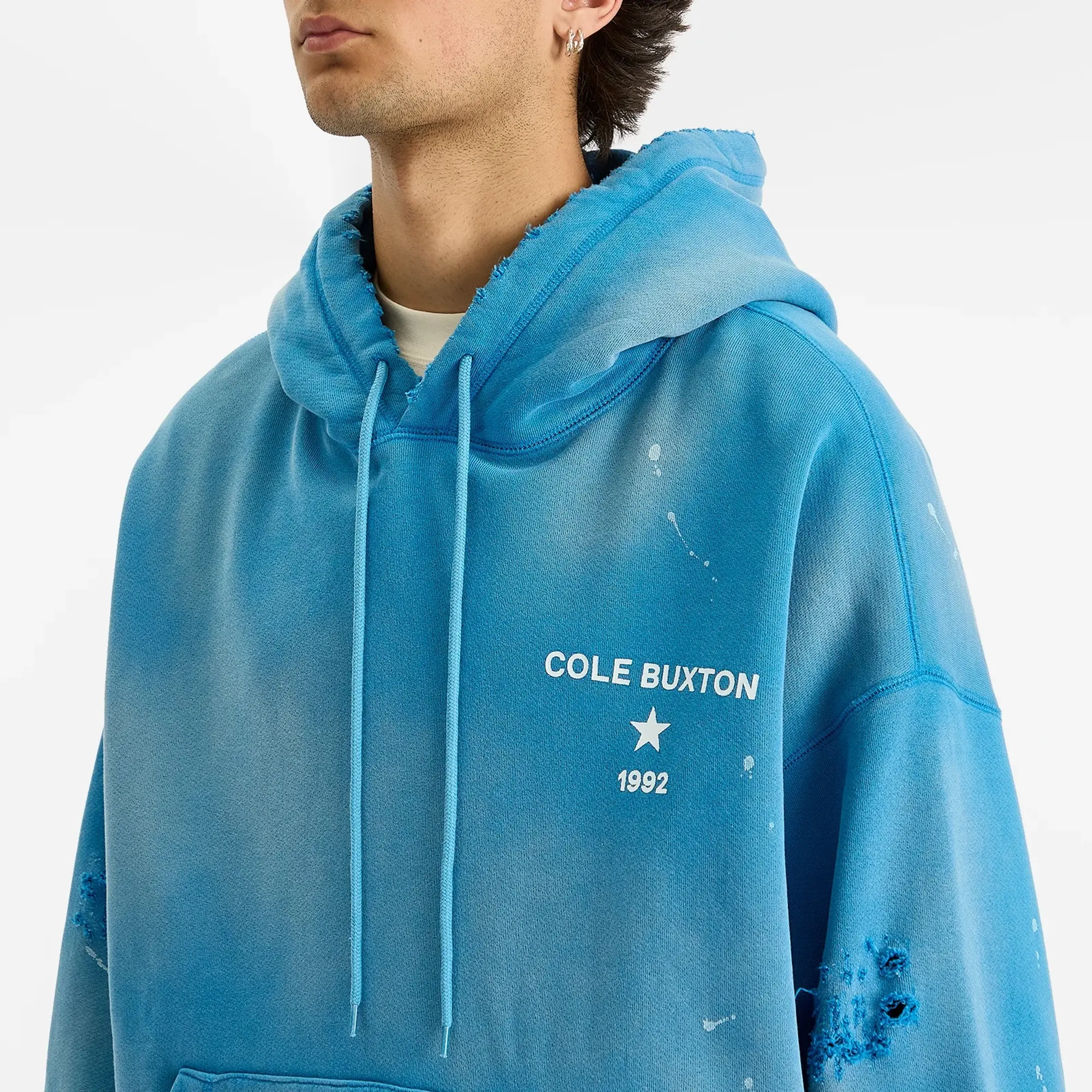 Cole Buxton Men's 1992 Distressed Hoodie Washed Blue