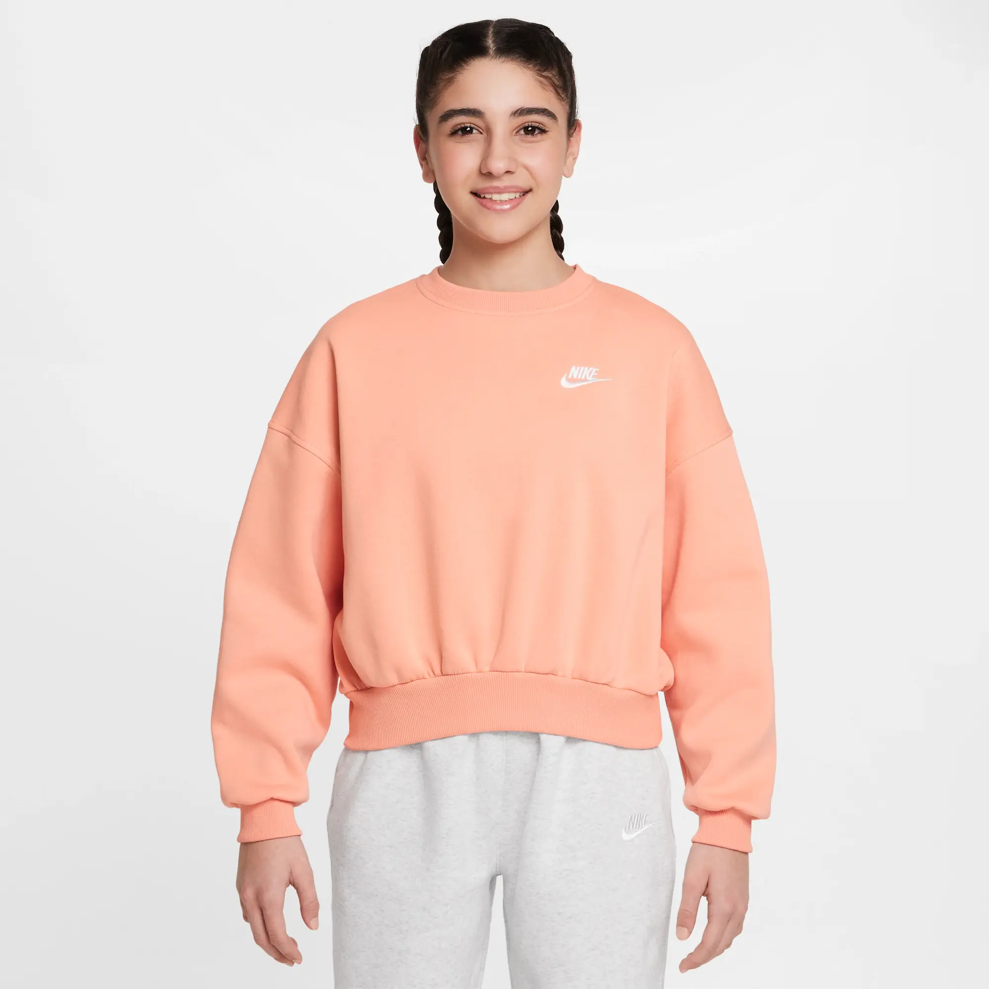 Nike Sportswear Club Fleece Girls' Boxy Crew-Neck Sweatshirt - Orange - Fleece > Club Fleece