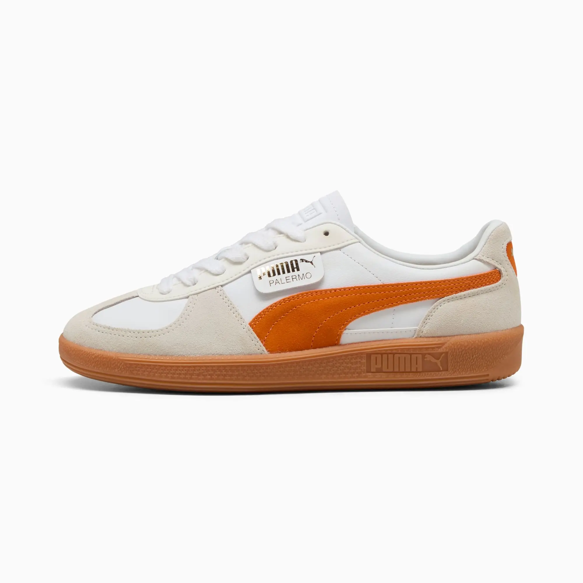 PUMA Palermo Leather Sneakers Unisex, White/Warm White/Orange Glo, size 10
