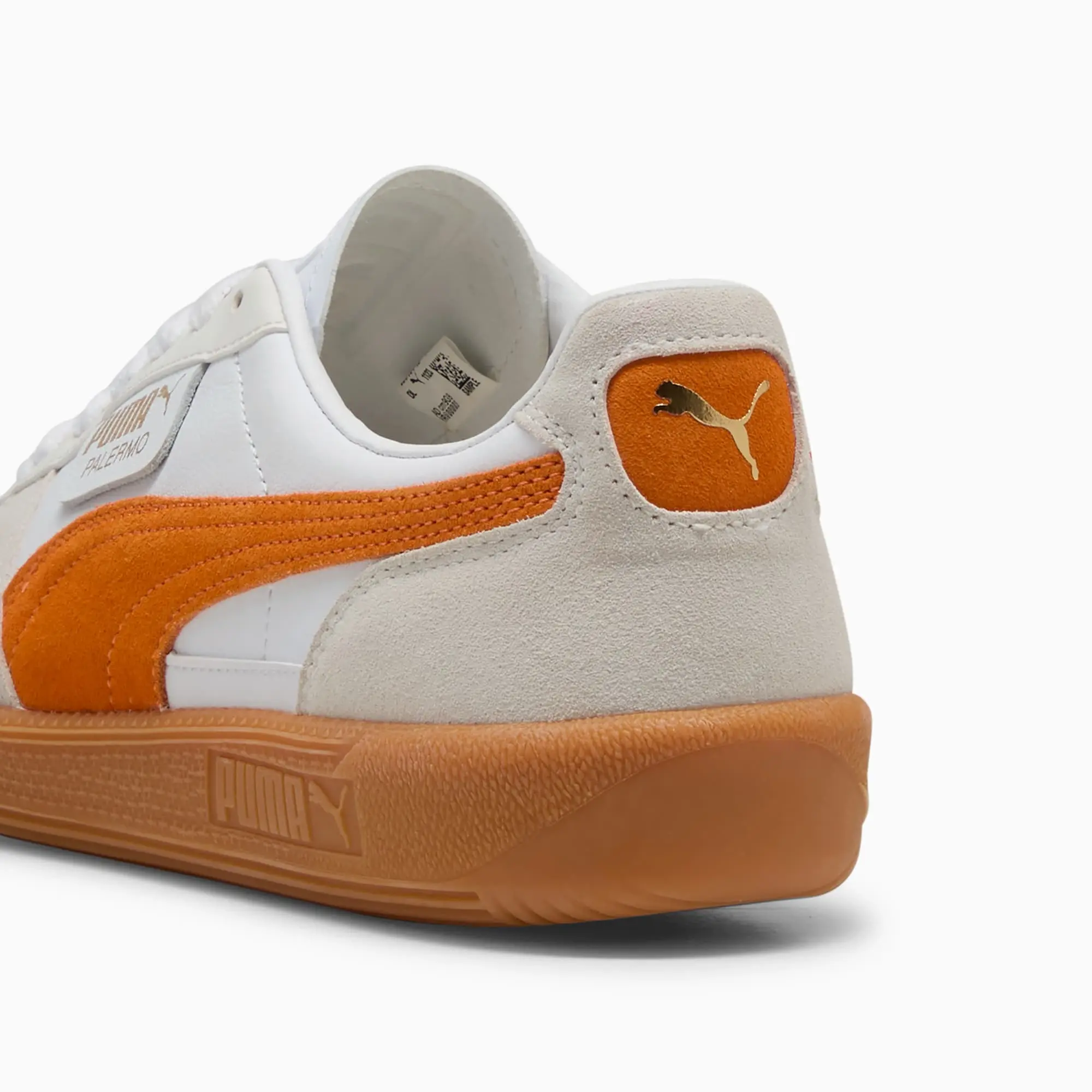 PUMA Palermo Leather Sneakers Unisex, White/Warm White/Orange Glo, size 10