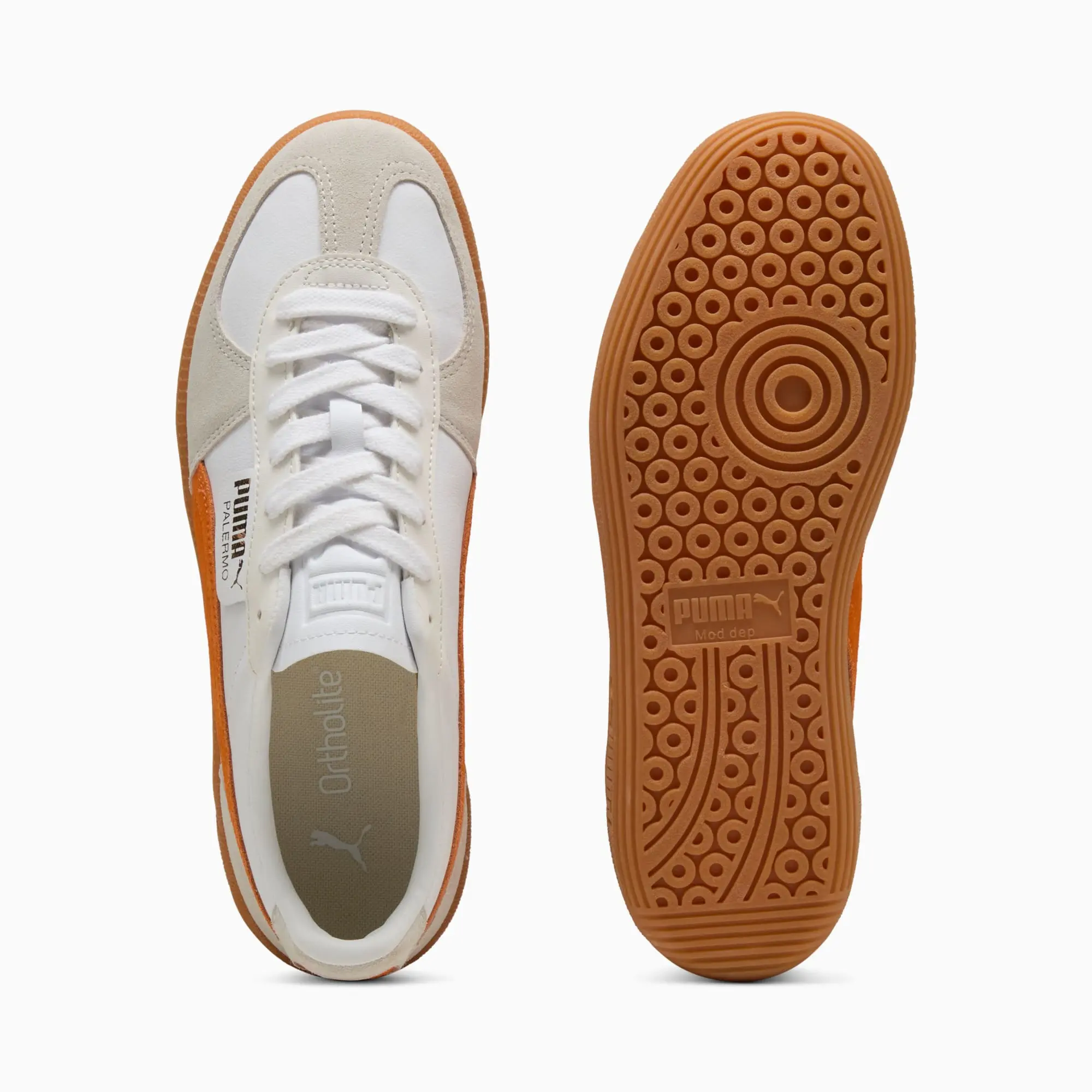 PUMA Palermo Leather Sneakers Unisex, White/Warm White/Orange Glo, size 10