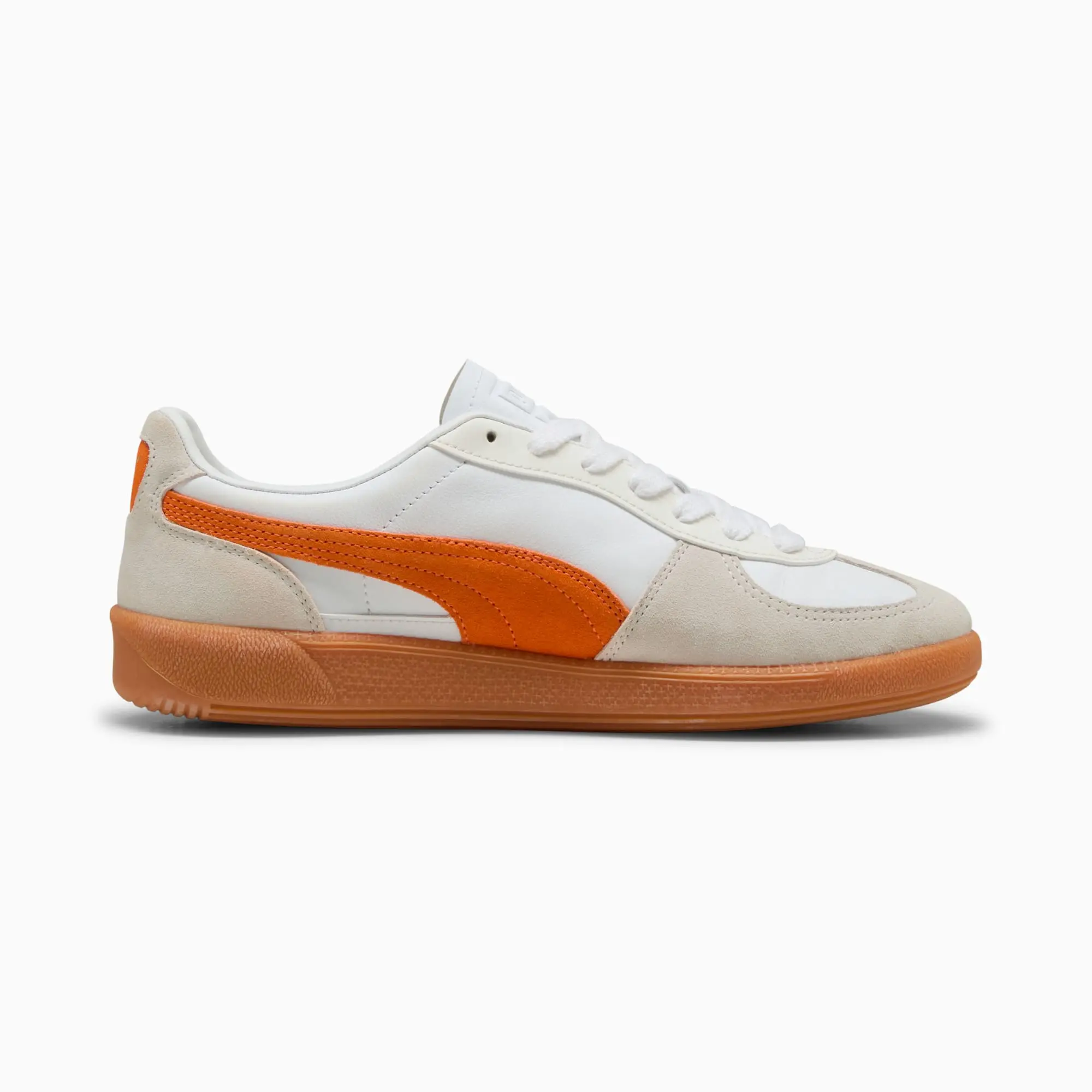 PUMA Palermo Leather Sneakers Unisex, White/Warm White/Orange Glo, size 10