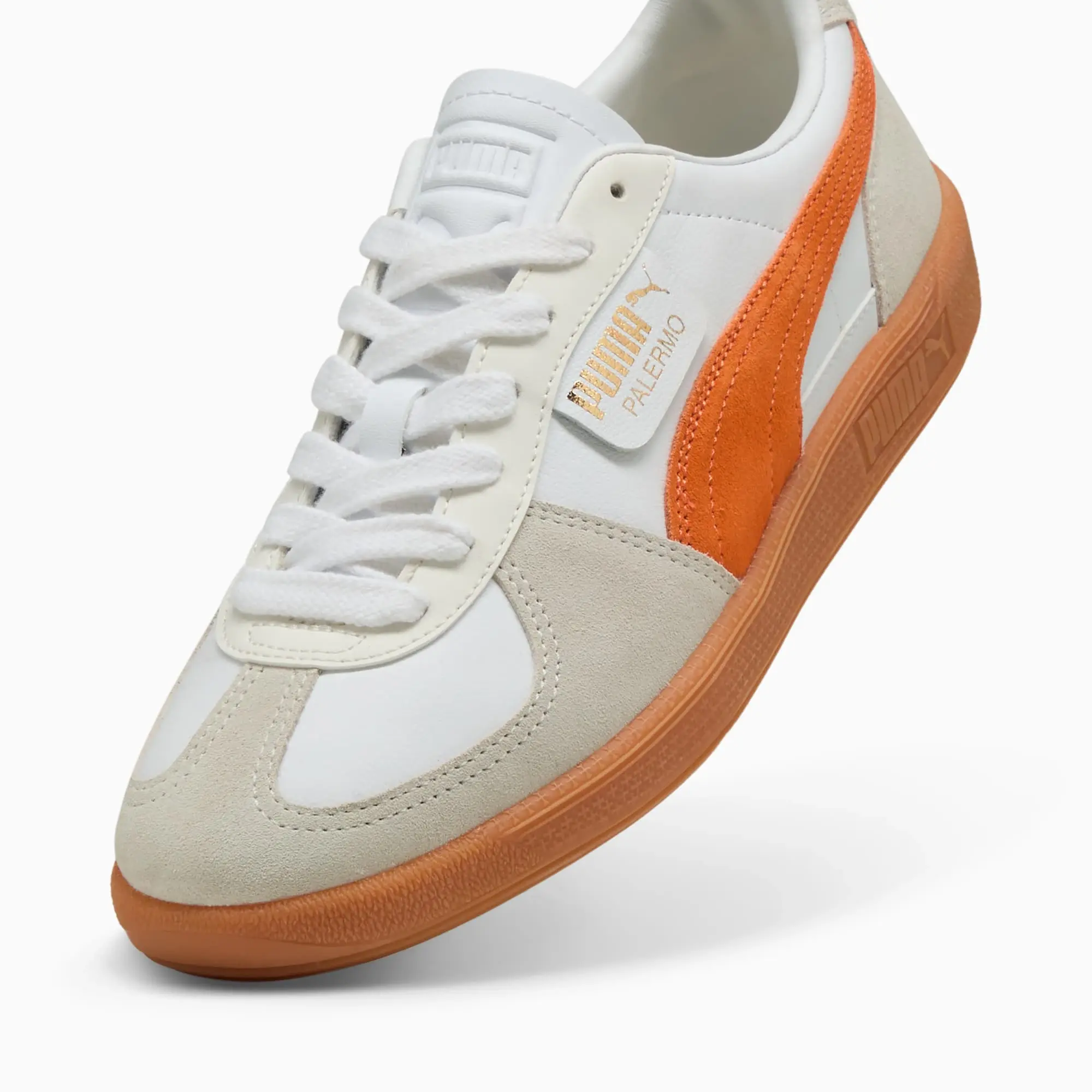 PUMA Palermo Leather Sneakers Unisex, White/Warm White/Orange Glo, size 10