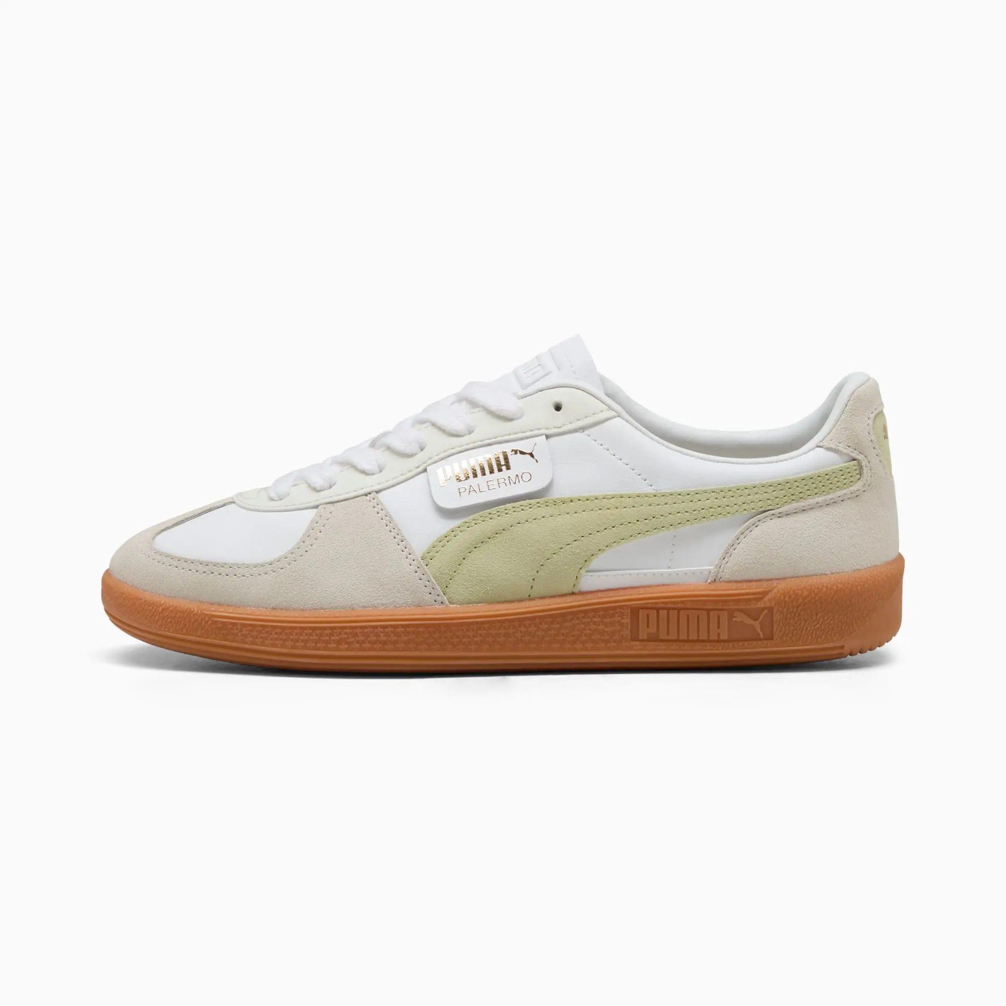 PUMA Palermo Leather Sneakers Unisex, White/Vapor Grey/Pistachio Green, size 10