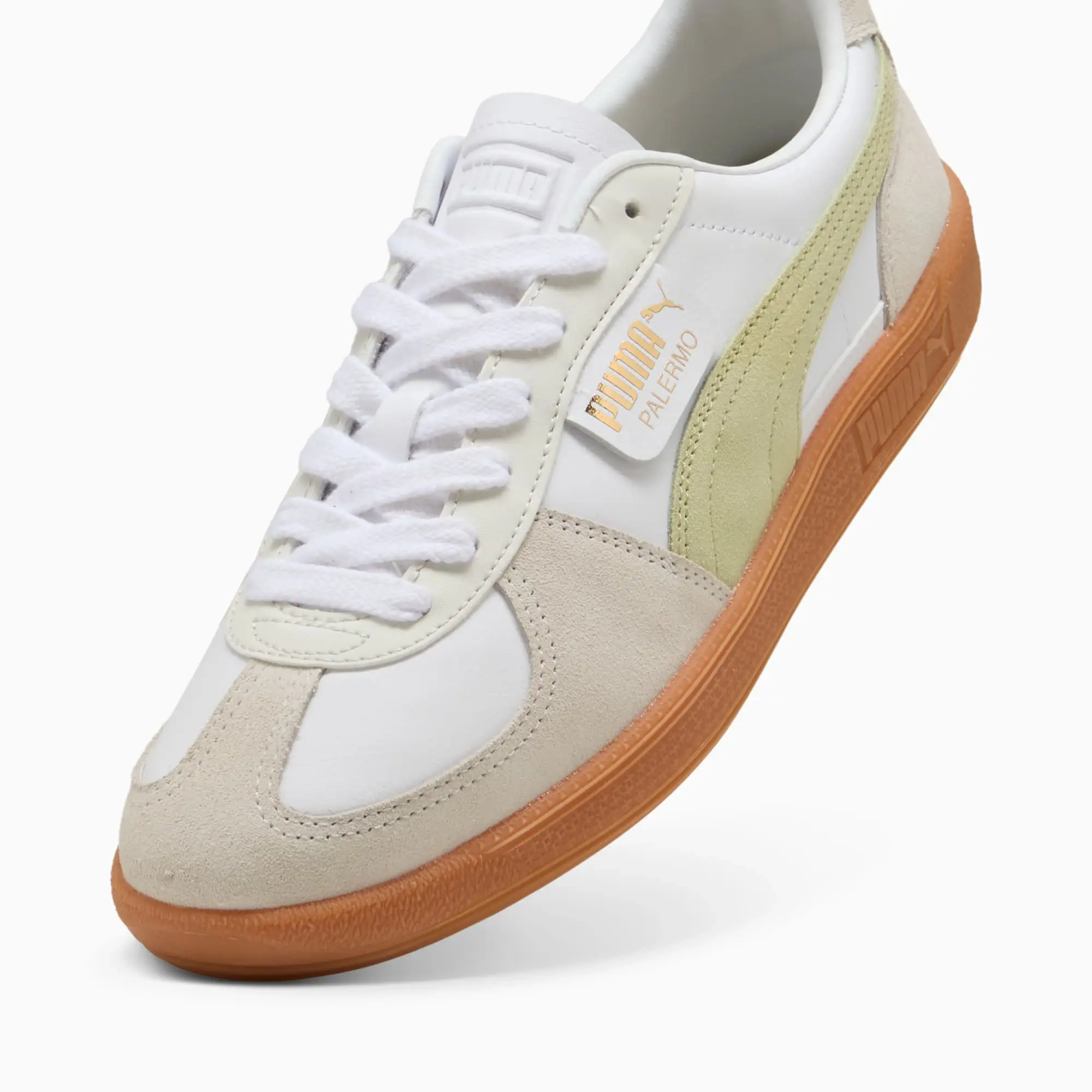 PUMA Palermo Leather Sneakers Unisex, White/Vapor Grey/Pistachio Green, size 10