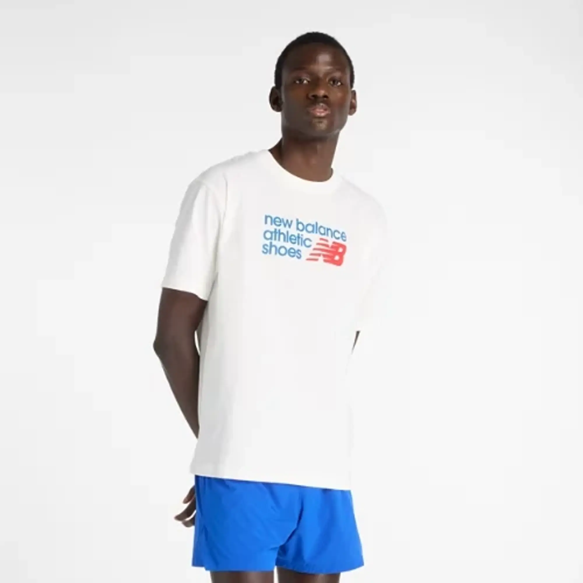 New Balance Men's Athletics Premium Relaxed Chest Logo T-Shirt in White Cotton
