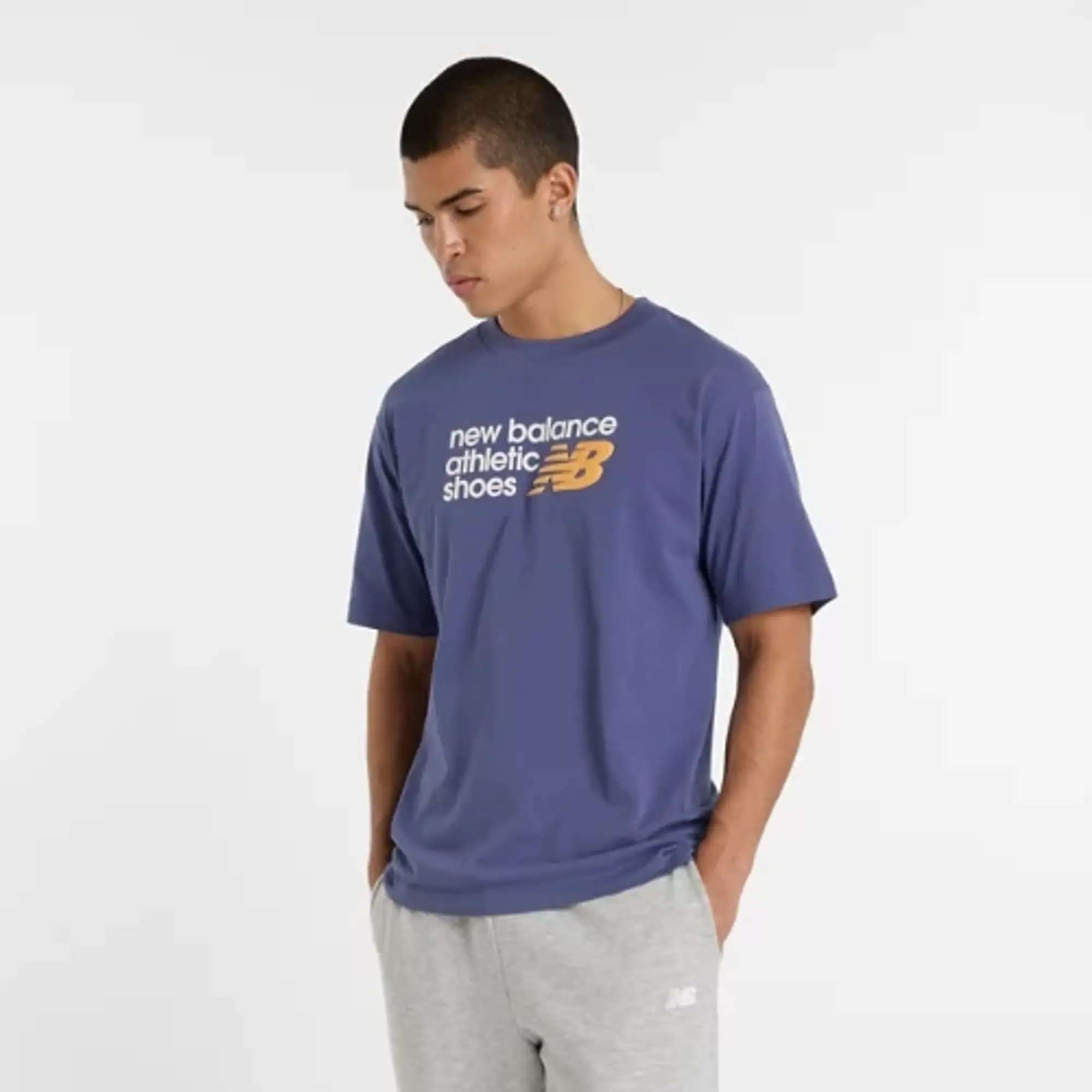 New Balance Men's Athletics Premium Relaxed Chest Logo T-Shirt in Blue Cotton
