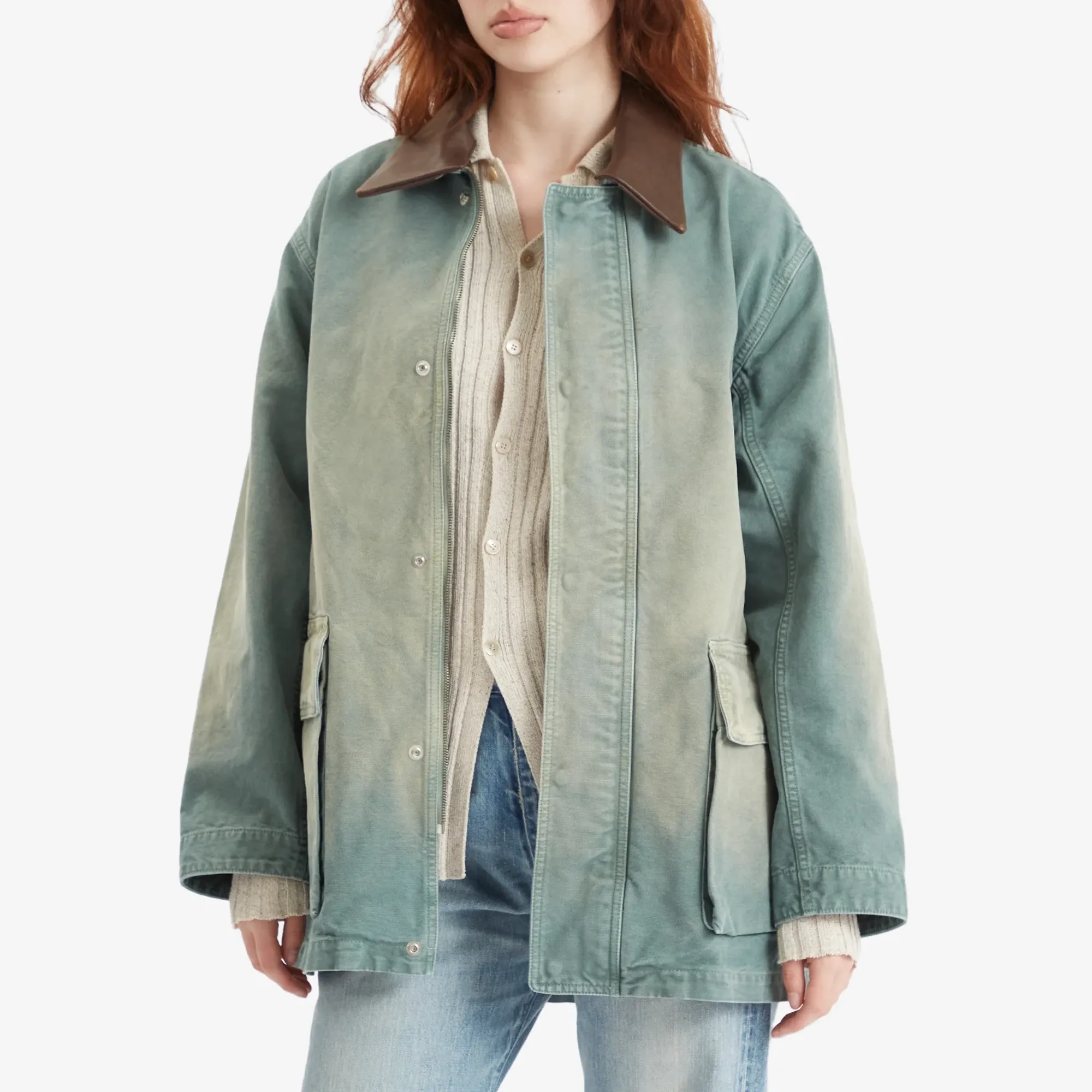Auralee Women's Organic Cotton Duck Blouson Ash Green | A25SB03CD