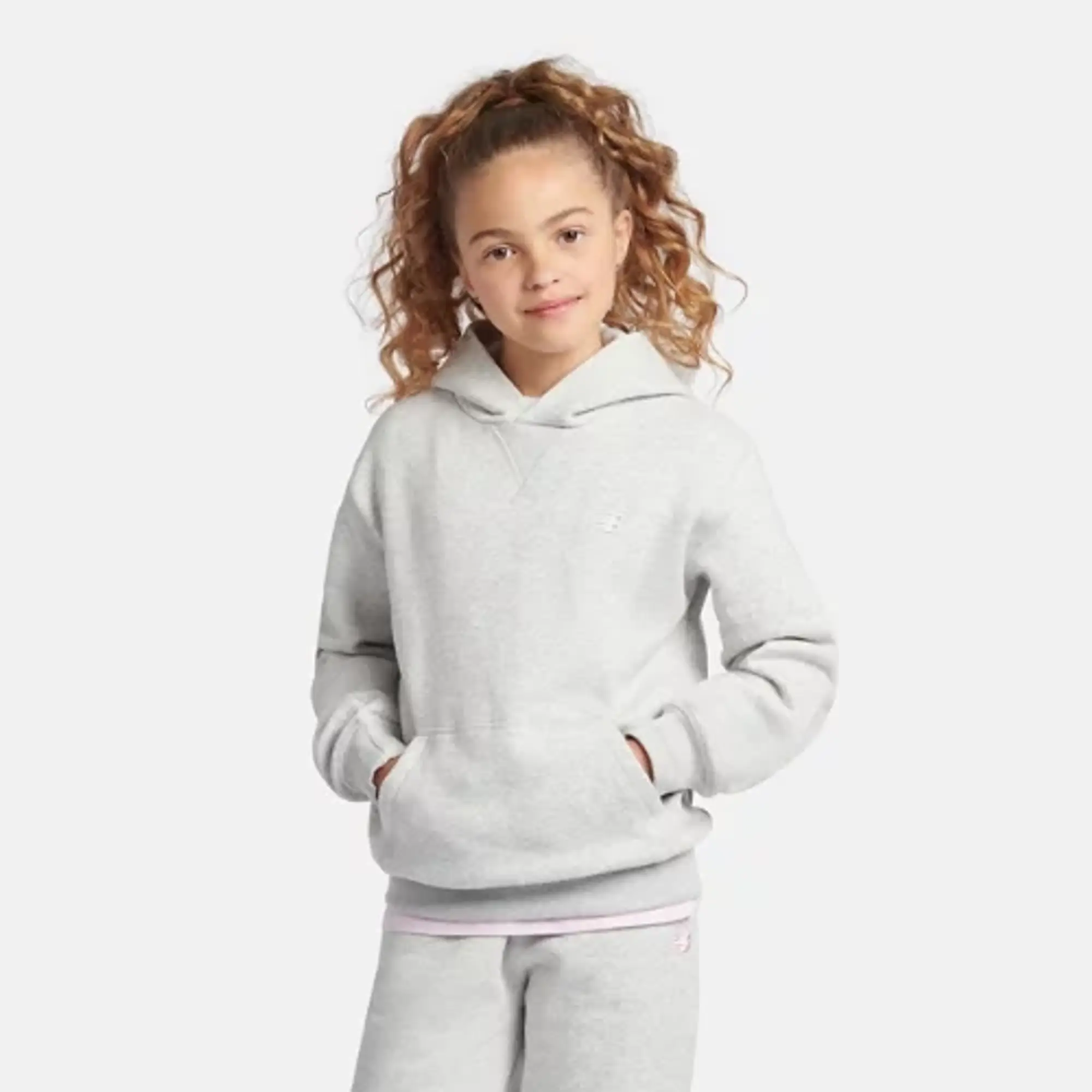 New Balance Girls Brush Back Small Logo Hoodie in Grey Cotton Fleece