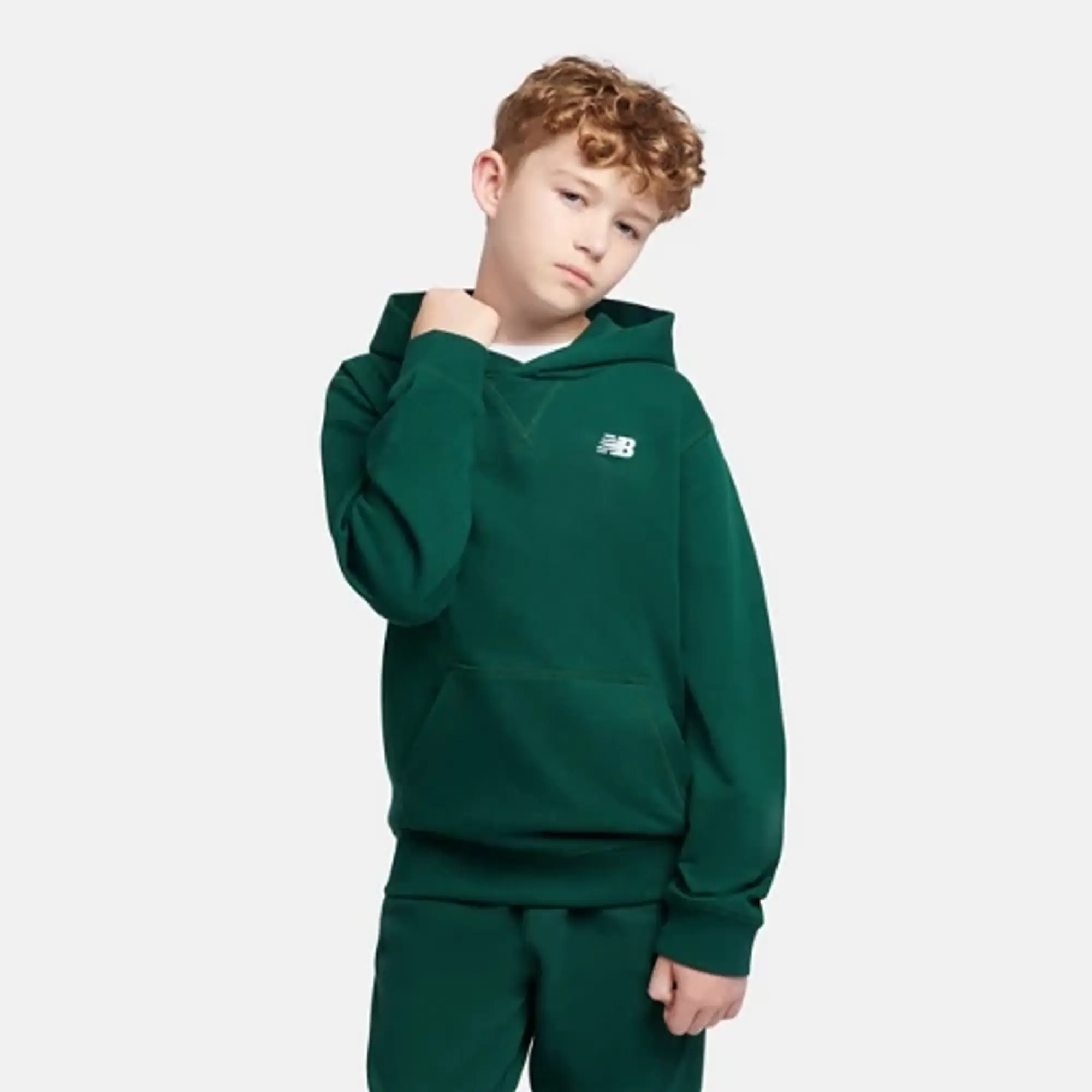 New Balance Boys French Terry Small Logo Hoodie in Green Cotton Fleece