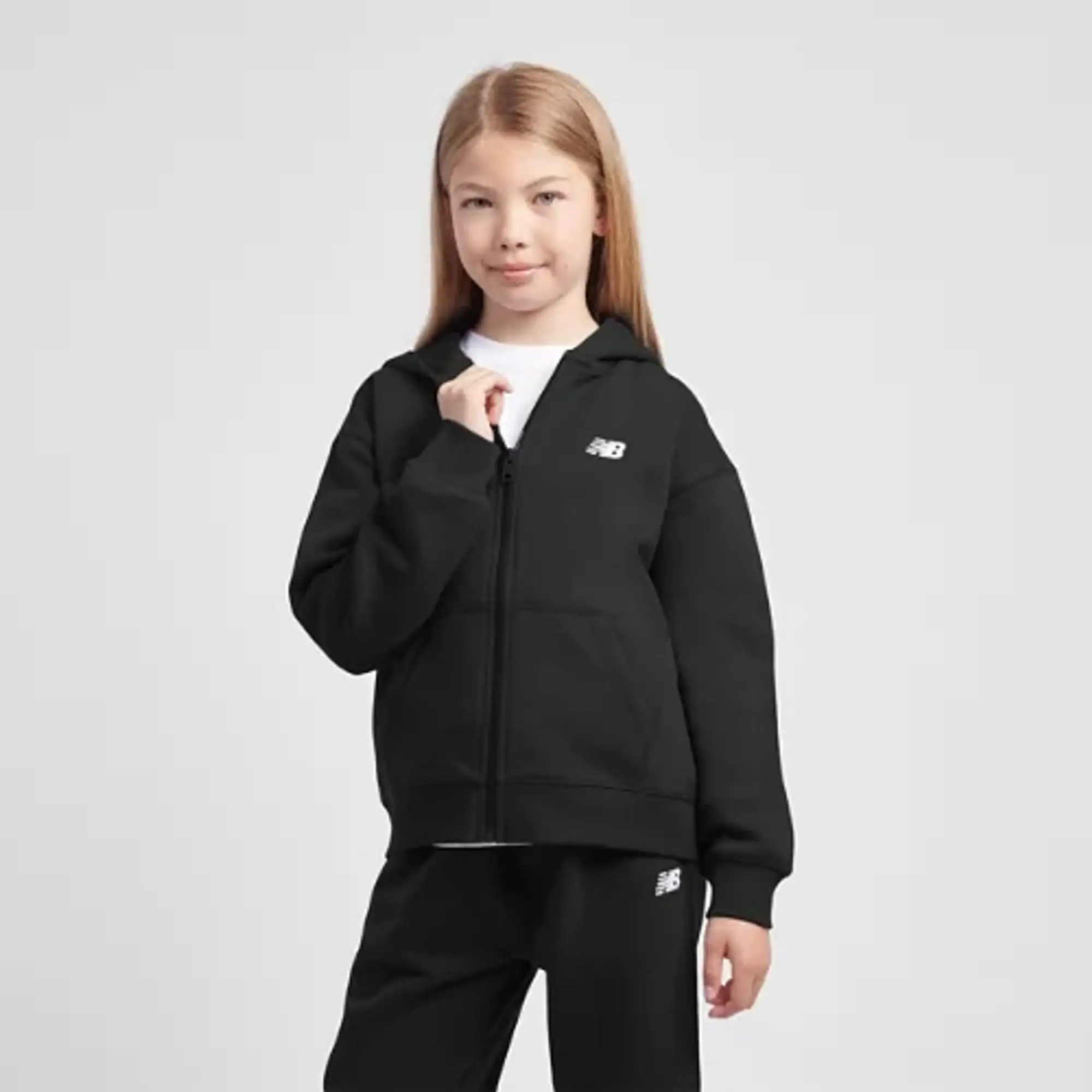 New Balance Girls BB Small Logo Full Zip Hoodie in Black Cotton Fleece