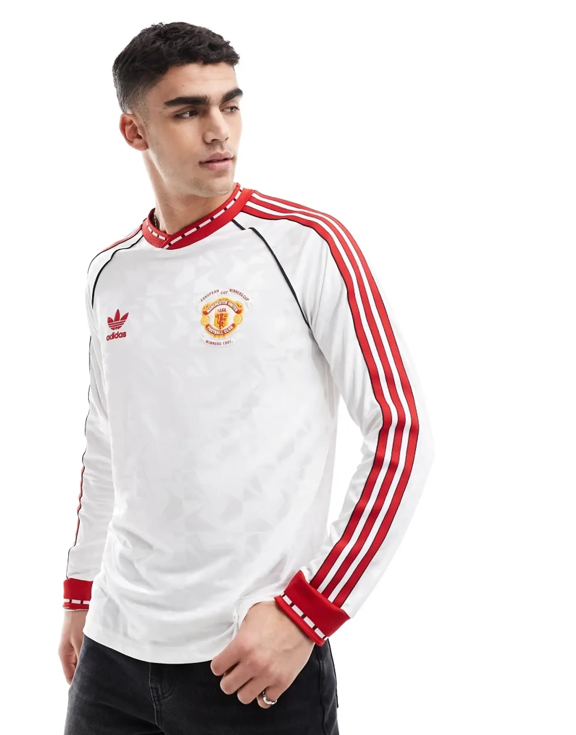 Adidas Football Manchester United Anniversary 91 Long Sleeve Top In White And Red