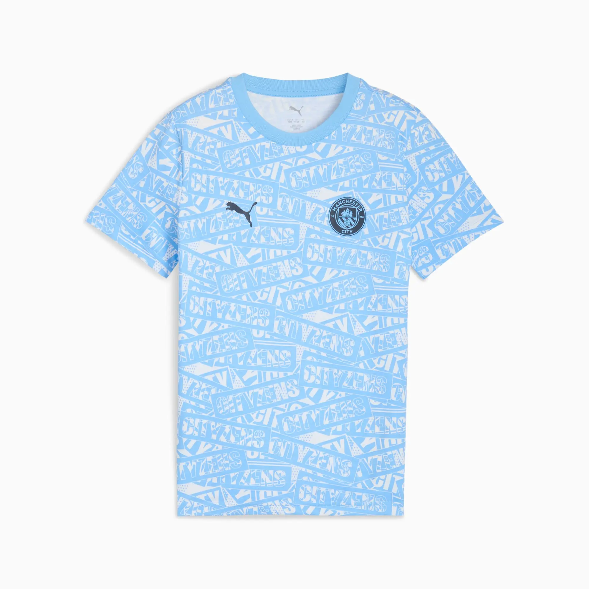 PUMA Manchester City Ftblculture All-Over Print T-Shirt Youth, Light Blue/White, size 11-12 Youth